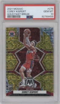 Corey Kispert from the 2021-22 Panini Mosaic  set featuring a Fast Break Gold parallel graded by PSA and given an overall grade of 10.