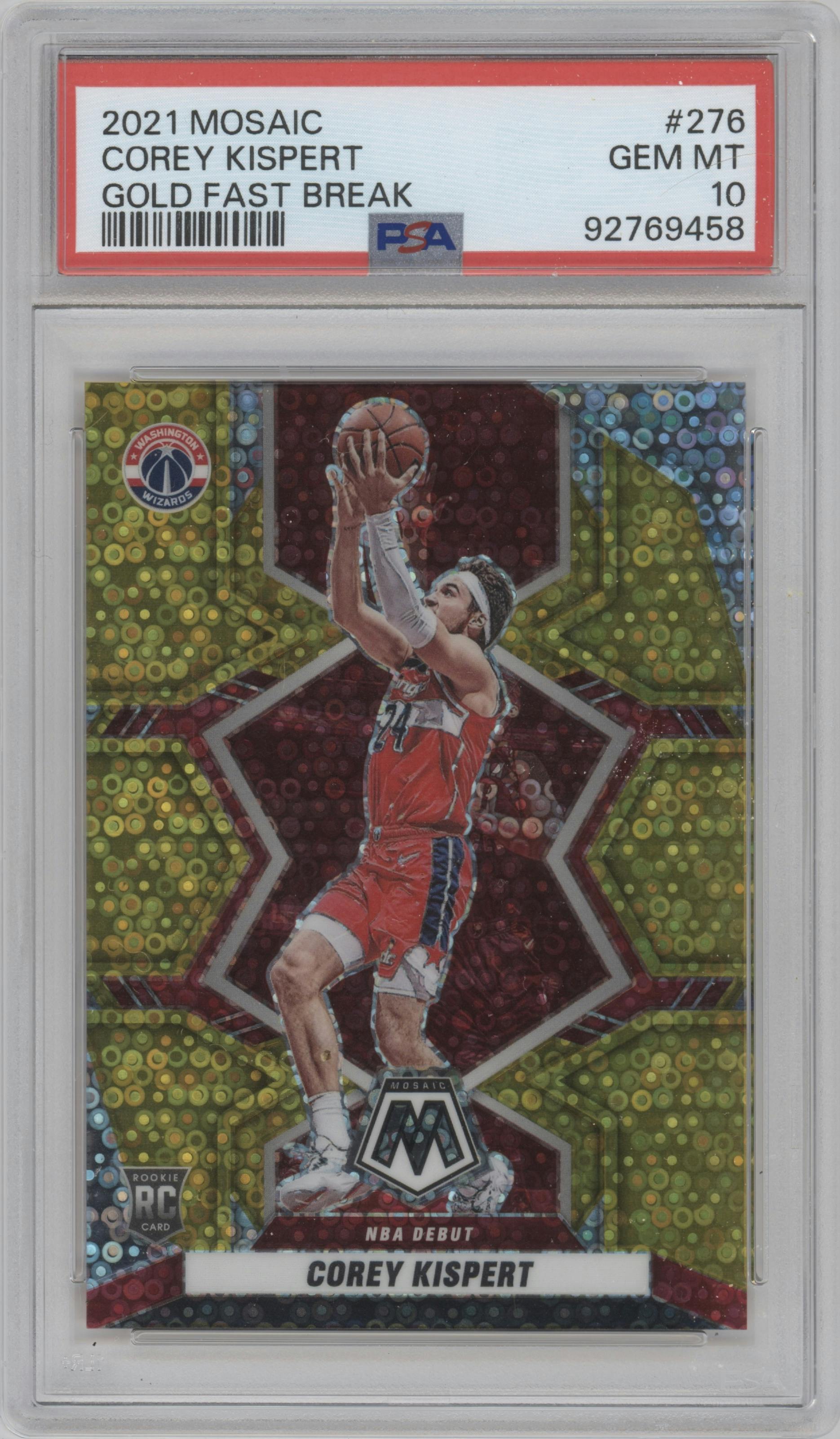 Corey Kispert from the 2021-22 Panini Mosaic  set featuring a Fast Break Gold parallel graded by PSA and given an overall grade of 10.