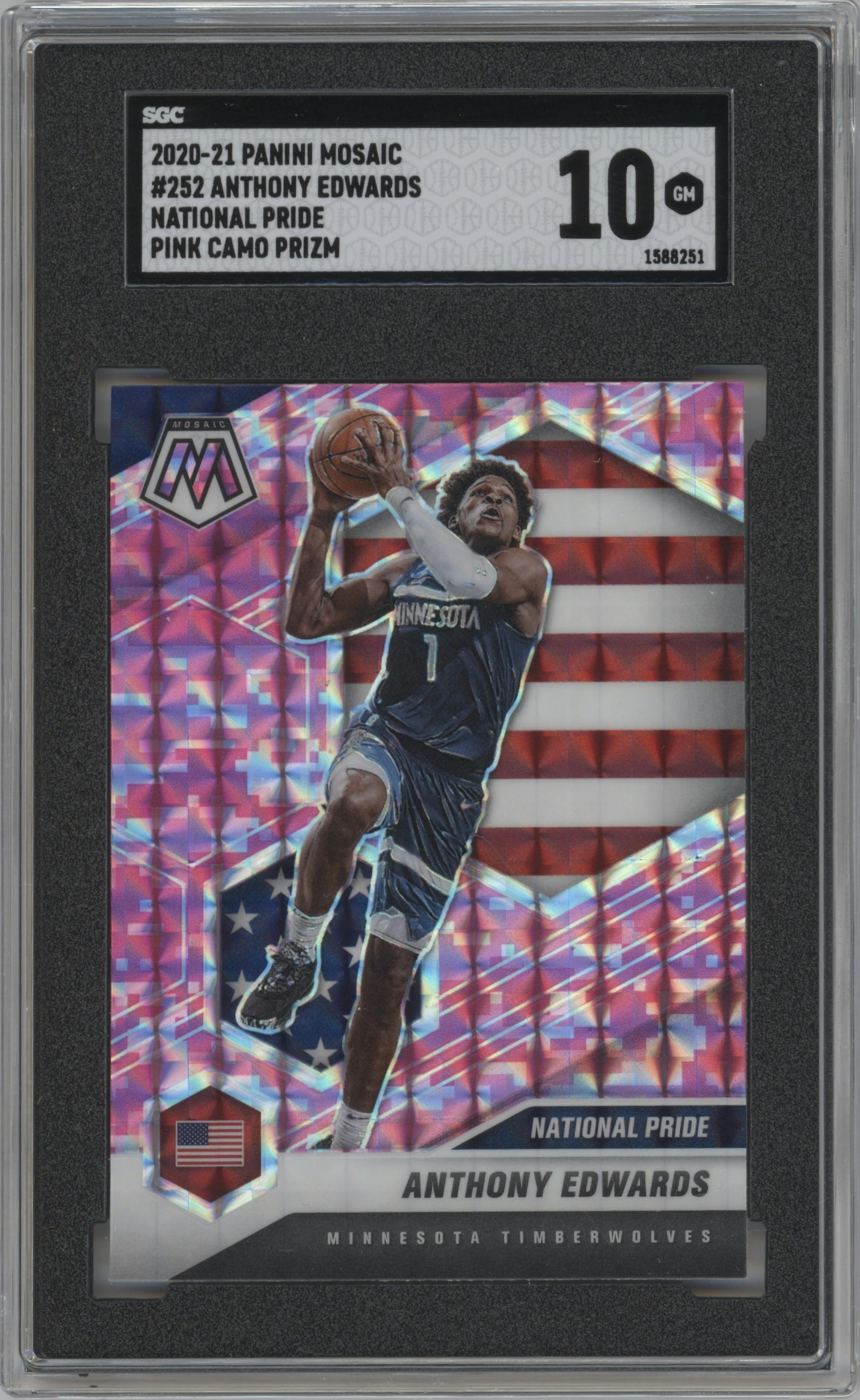 Anthony Edwards from the 2020-21 Panini Mosaic set featuring a Pink Camo parallel graded by SGC and given an overall grade of 10.