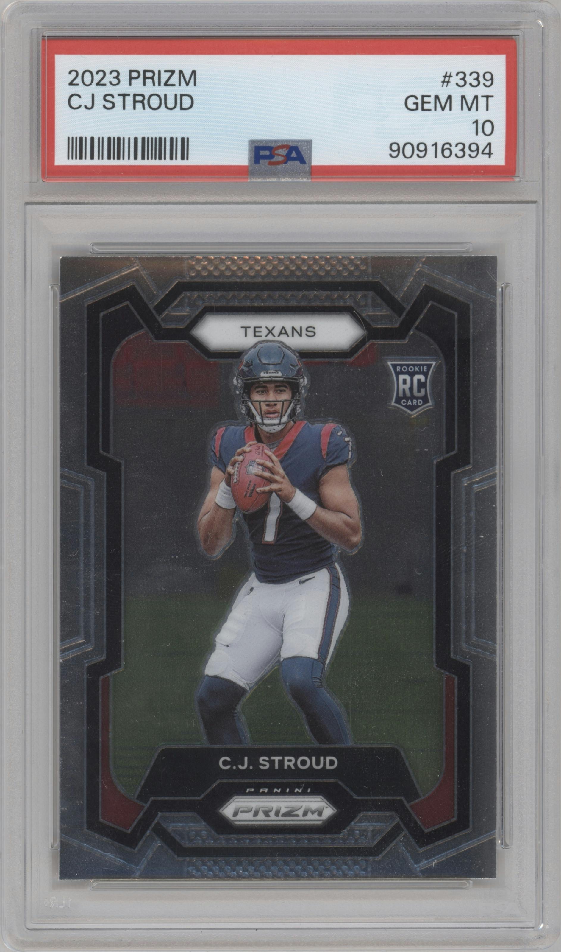 C.J. Stroud from the 2023 Panini Prizm set graded by PSA and given an overall grade of 10.