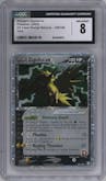 Rocket's Zapdos ex from the 2004 Pokemon EX set graded by CSG and given an overall grade of 8.