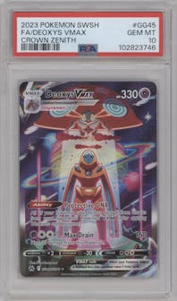 Deoxys VMAX from the 2023 Pokemon SWSH set graded by PSA and given an overall grade of 10.