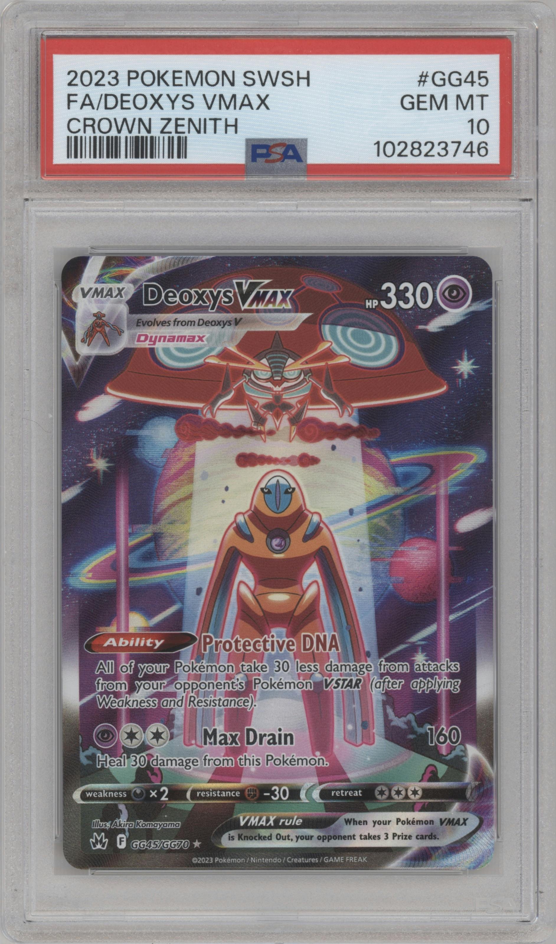 Deoxys VMAX from the 2023 Pokemon SWSH set graded by PSA and given an overall grade of 10.