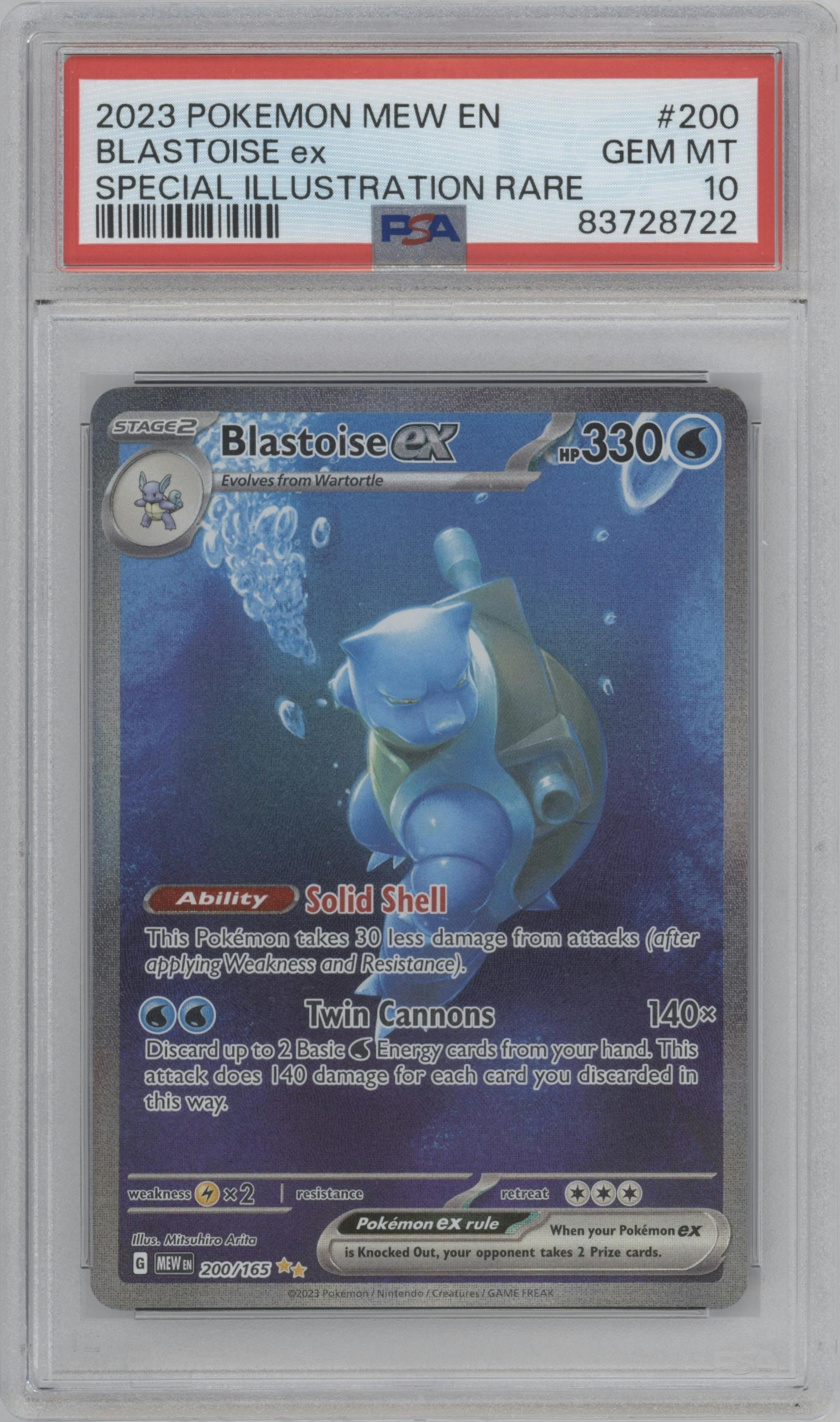 Blastoise ex from the 2023 Pokemon SV set graded by PSA and given an overall grade of 10.