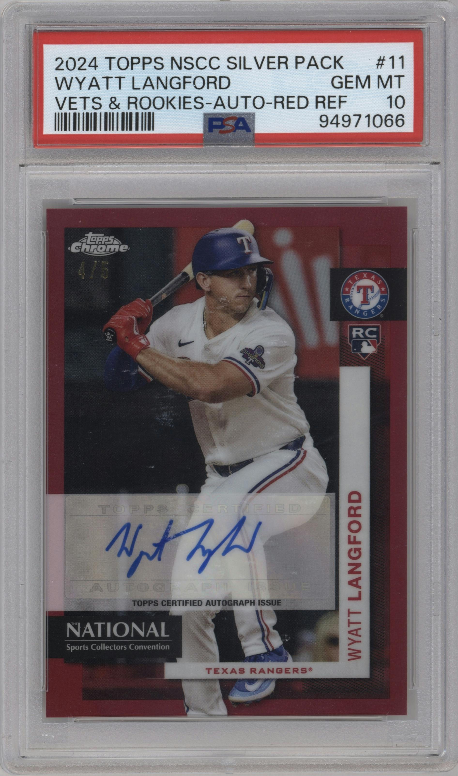 Wyatt Langford from the 2024 Topps NSCC Topps Chrome set featuring a Red Refractor parallel graded by PSA and given an overall grade of 10.
