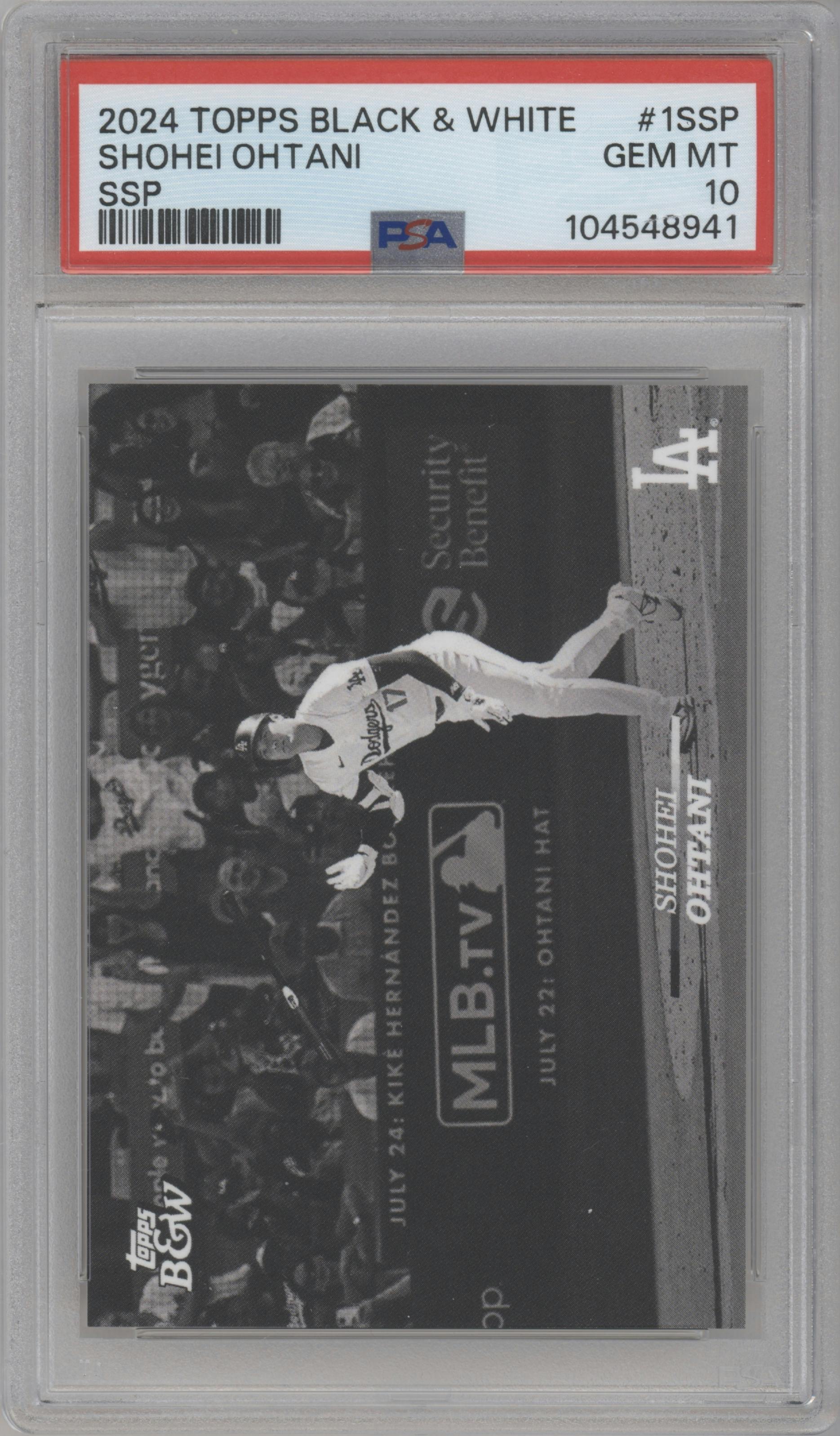 Shohei Ohtani from the 2024 Topps Black & White set graded by PSA and given an overall grade of 10.