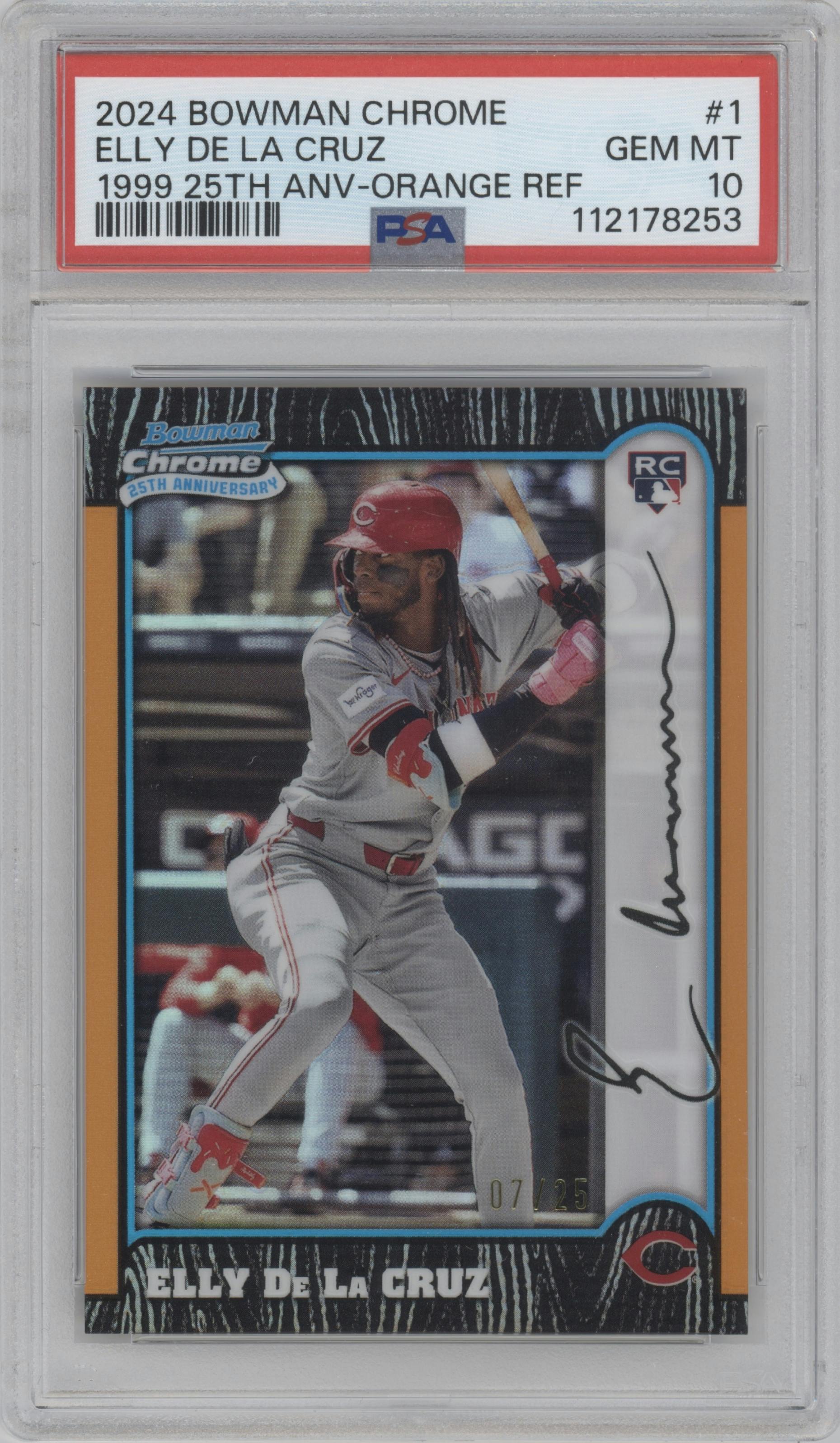 Elly De La Cruz from the 2024 Bowman Chrome set featuring a Orange Refractor parallel graded by PSA and given an overall grade of 10.