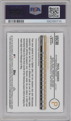 Paul Skenes from the 2024 Topps Chrome Update set featuring a Blue RayWave Refractor parallel graded by PSA and given an overall grade of 10.