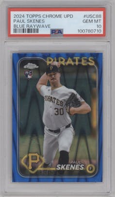 Paul Skenes from the 2024 Topps Chrome Update set featuring a Blue RayWave Refractor parallel graded by PSA and given an overall grade of 10.