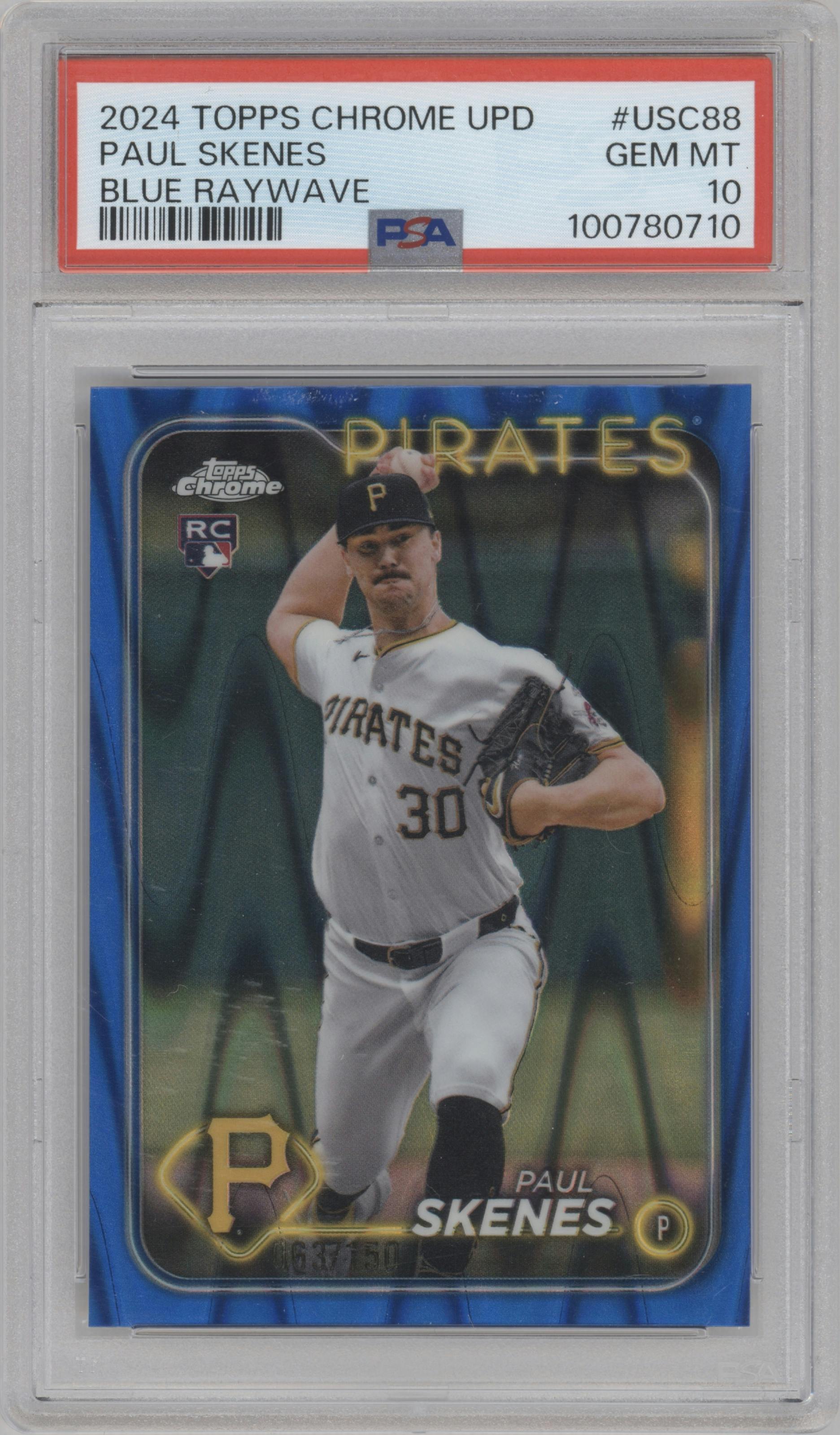 Paul Skenes from the 2024 Topps Chrome Update set featuring a Blue RayWave Refractor parallel graded by PSA and given an overall grade of 10.