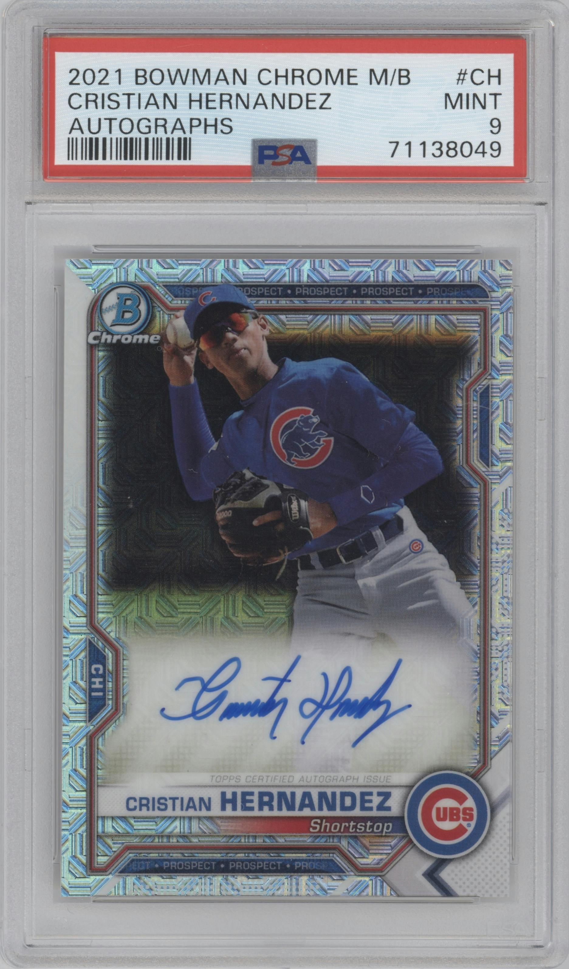Cristian Hernandez from the 2021 Bowman Chrome Mega Box set graded by PSA and given an overall grade of 9.