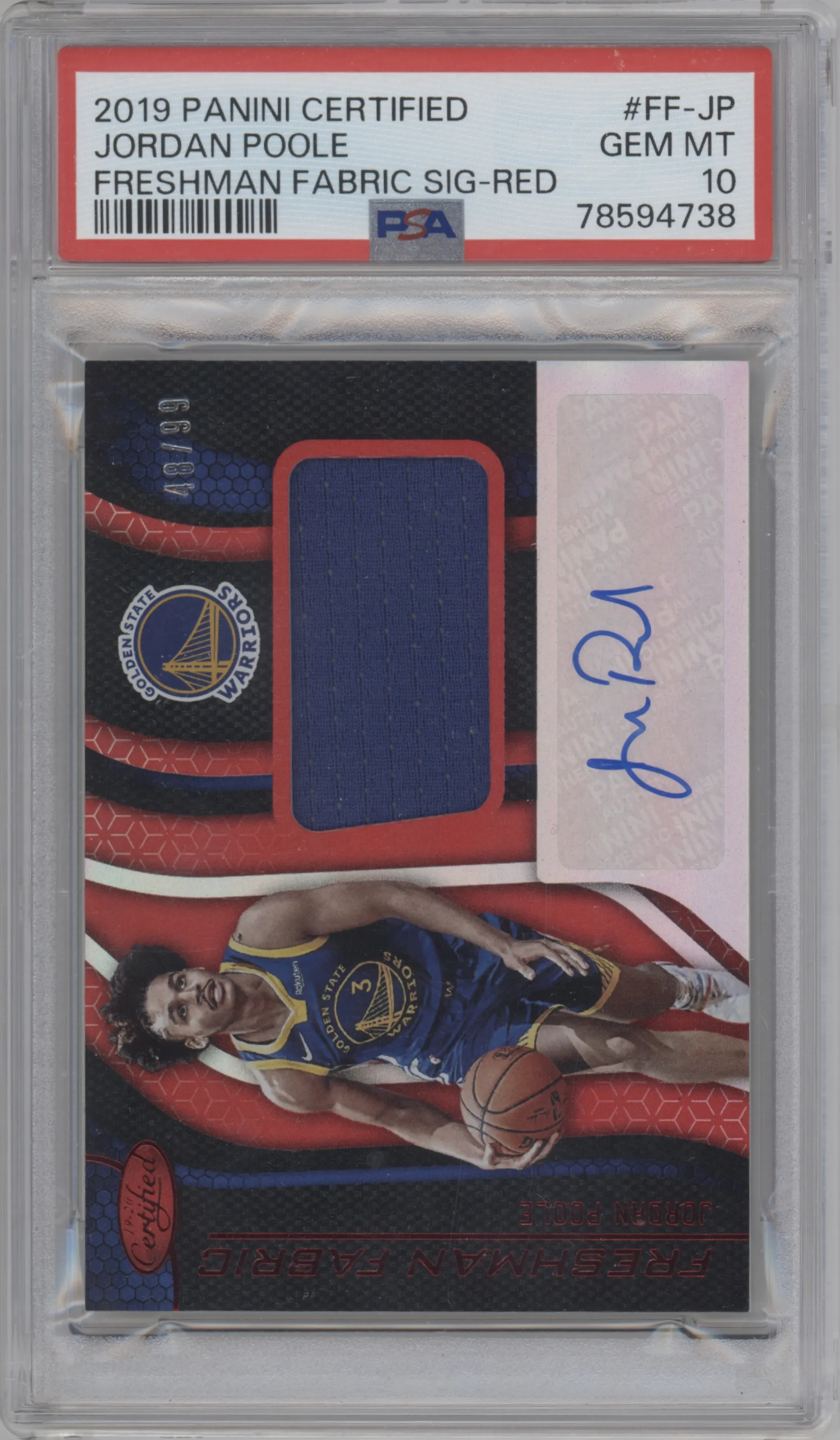 2019 Panini Certified Freshman Fabric Sig. Jordan Poole Red PSA 10
