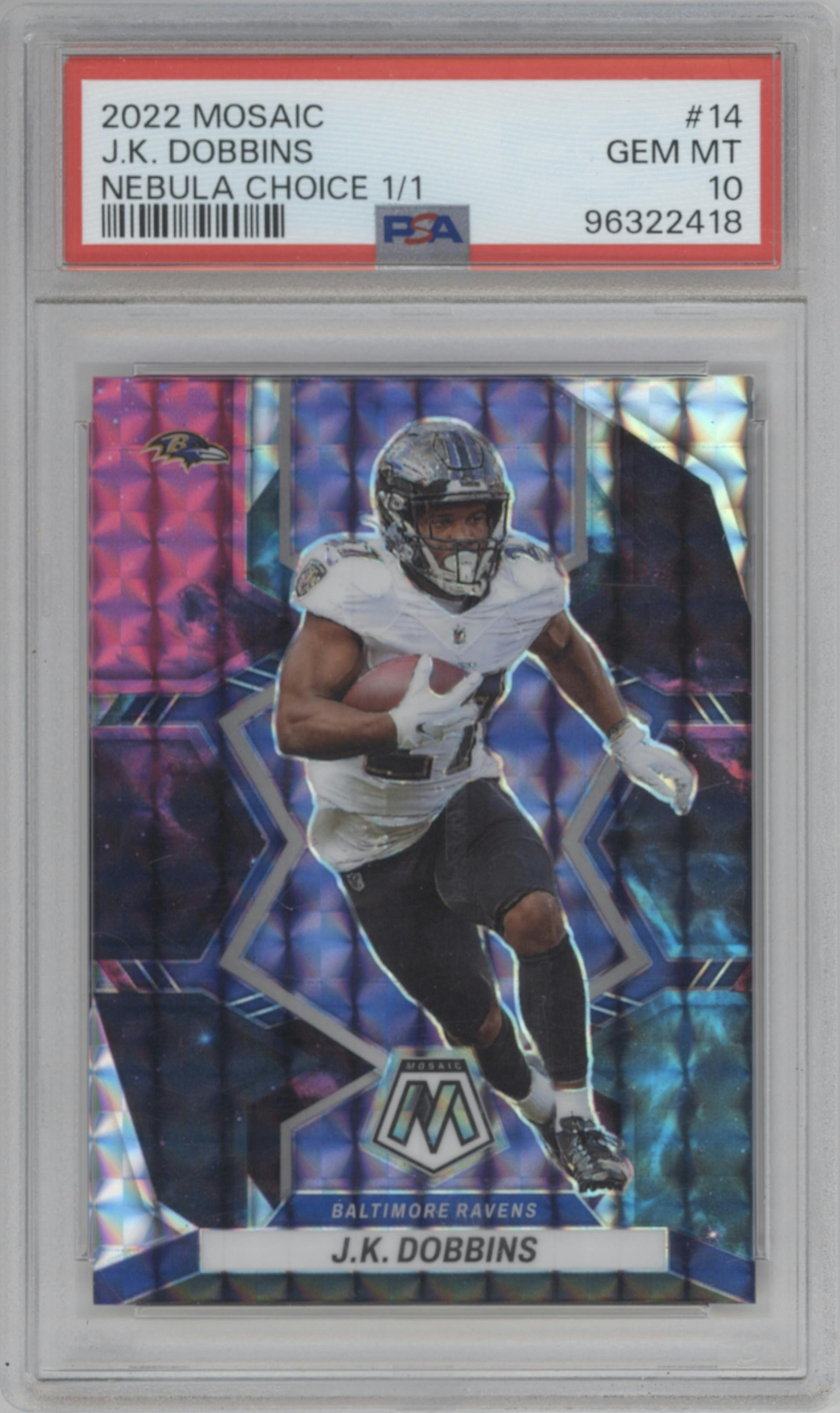 J.K. Dobbins from the 2022 Panini Mosaic set featuring a Choice Nebula  parallel graded by PSA and given an overall grade of 10.