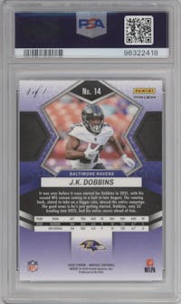 J.K. Dobbins from the 2022 Panini Mosaic set featuring a Choice Nebula  parallel graded by PSA and given an overall grade of 10.