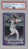 Steven Kwan from the 2022 Topps Chrome Update set featuring a Purple Refractor parallel graded by PSA and given an overall grade of 9.