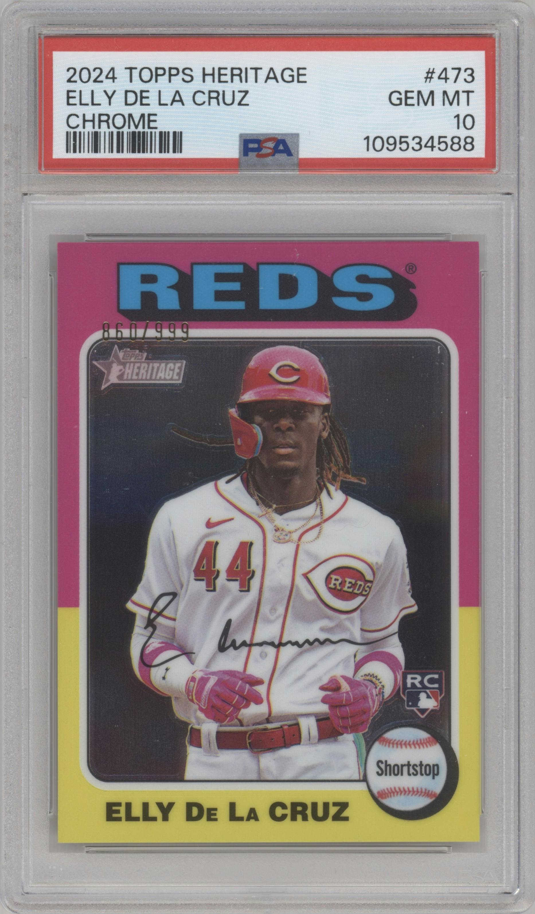 Elly De La Cruz from the 2024 Topps Heritage set featuring a Chrome parallel graded by PSA and given an overall grade of 10.