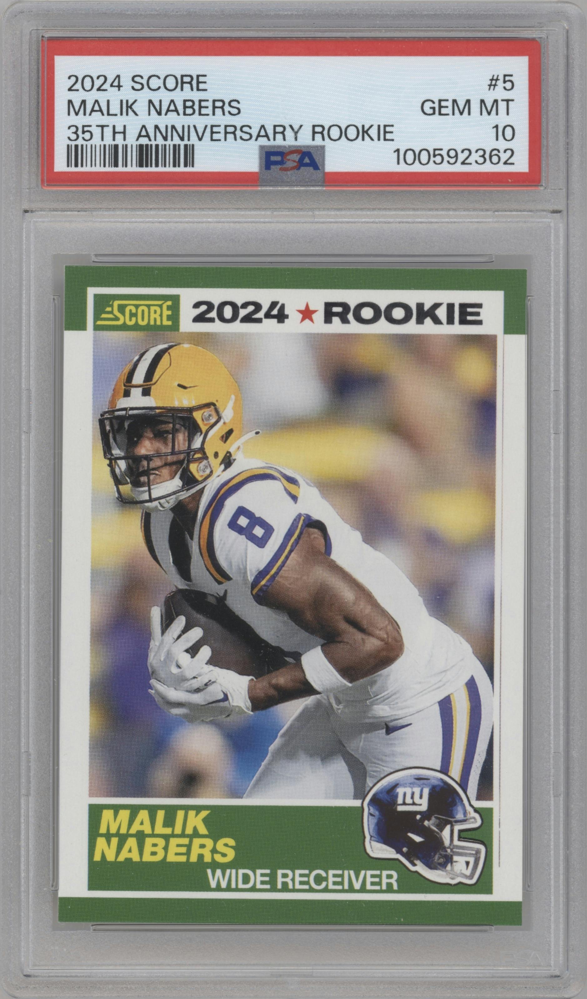 Malik Nabers from the 2024 Panini Score set graded by PSA and given an overall grade of 10.