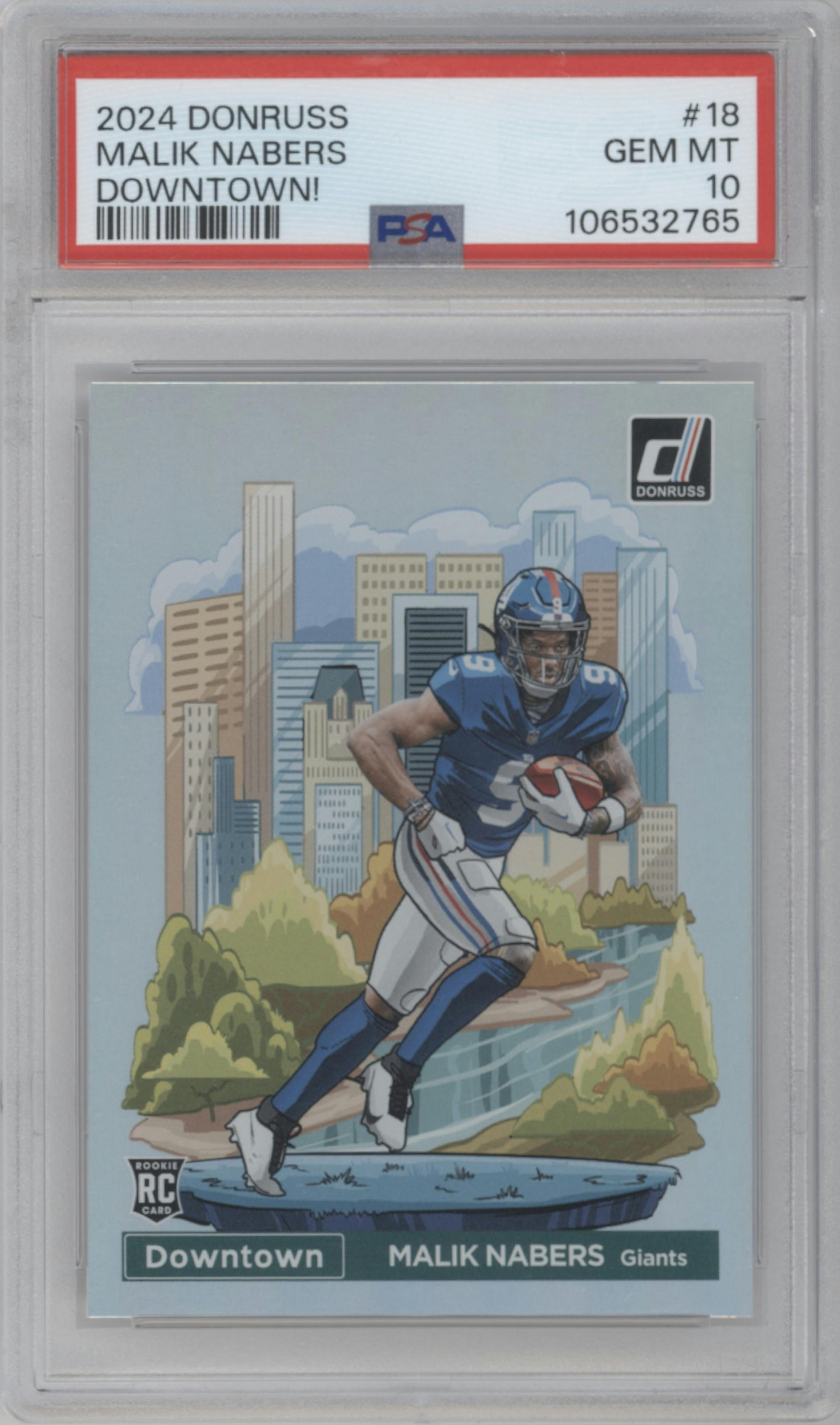 Malik Nabers  from the 2024 Donruss set graded by PSA and given an overall grade of 10.