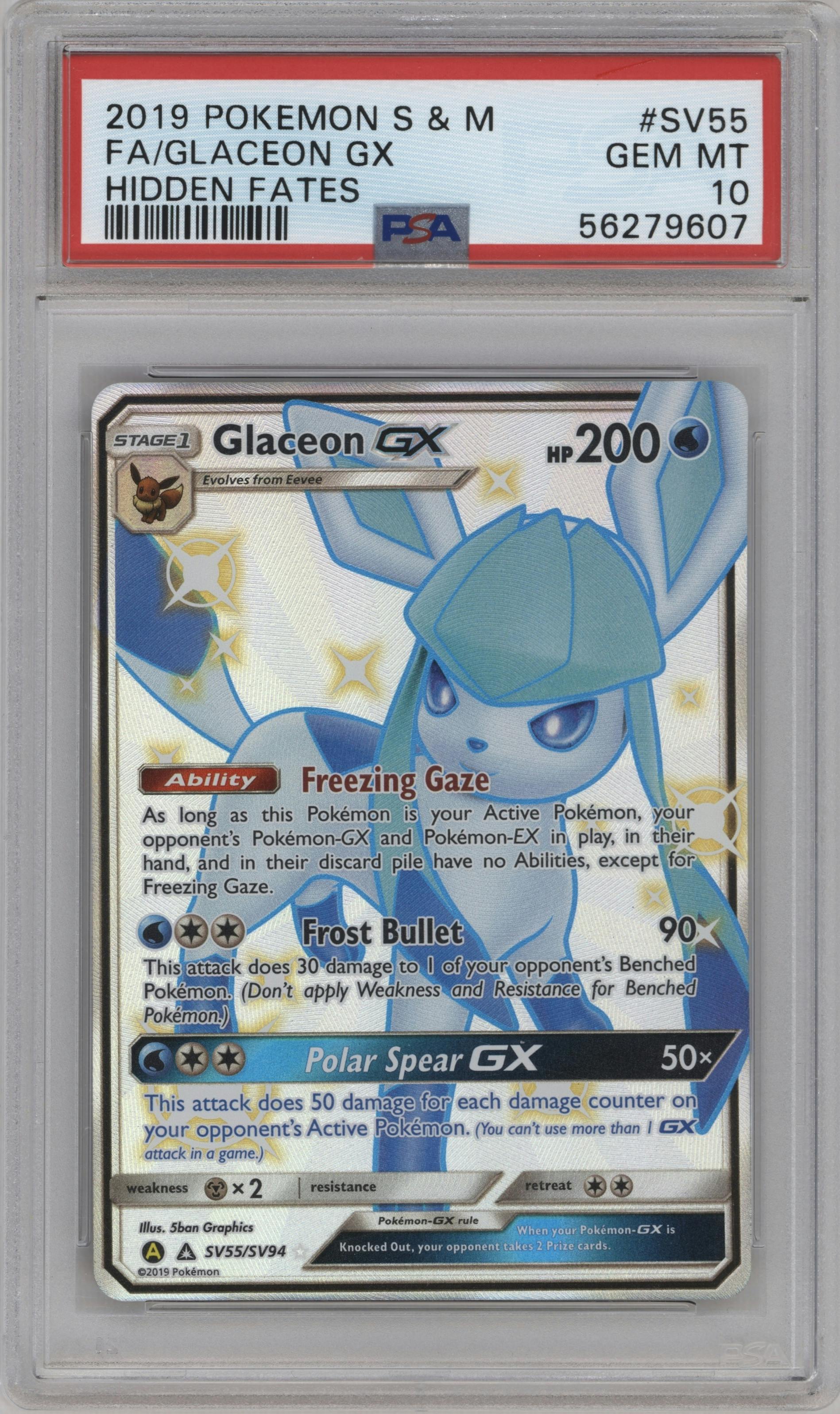 Glaceon GX from the 2019 Pokemon S&M  set graded by PSA and given an overall grade of 10.