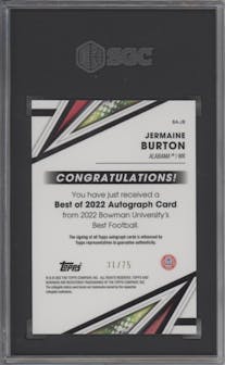 Jermaine Burton from the 2022-23 Bowman’s Best University  set featuring a Gold Lava Refractor parallel graded by SGC and given an overall grade of 10.