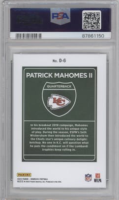 Patrick Mahomes II  from the 2023 Panini Donruss set graded by PSA and given an overall grade of 10.