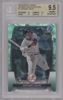Anthony Volpe from the 2023 Bowman Chrome Sapphire Edition set featuring a Aqua parallel graded by Beckett and given an overall grade of 9.5.