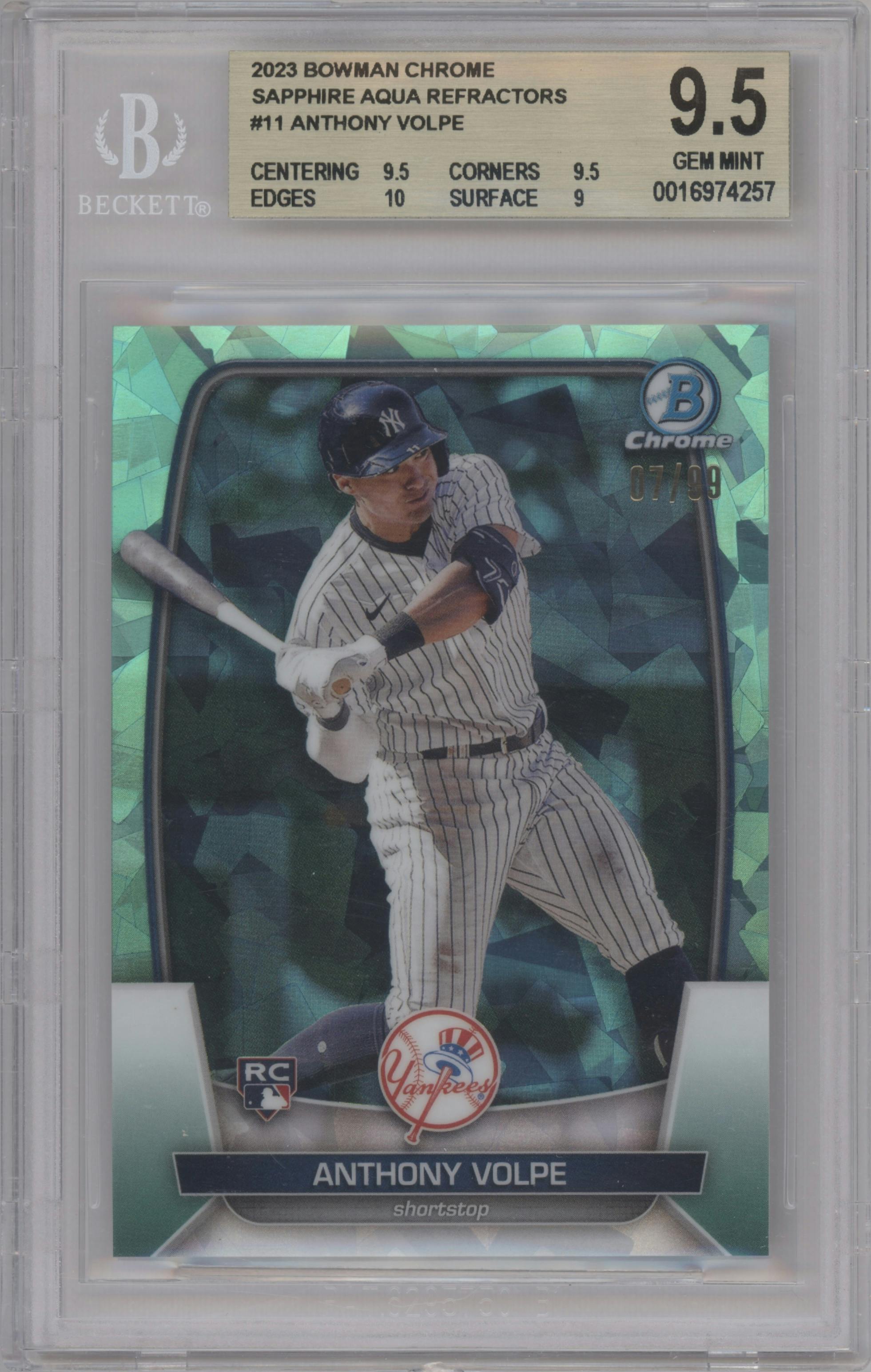 Anthony Volpe from the 2023 Bowman Chrome Sapphire Edition set featuring a Aqua parallel graded by Beckett and given an overall grade of 9.5.