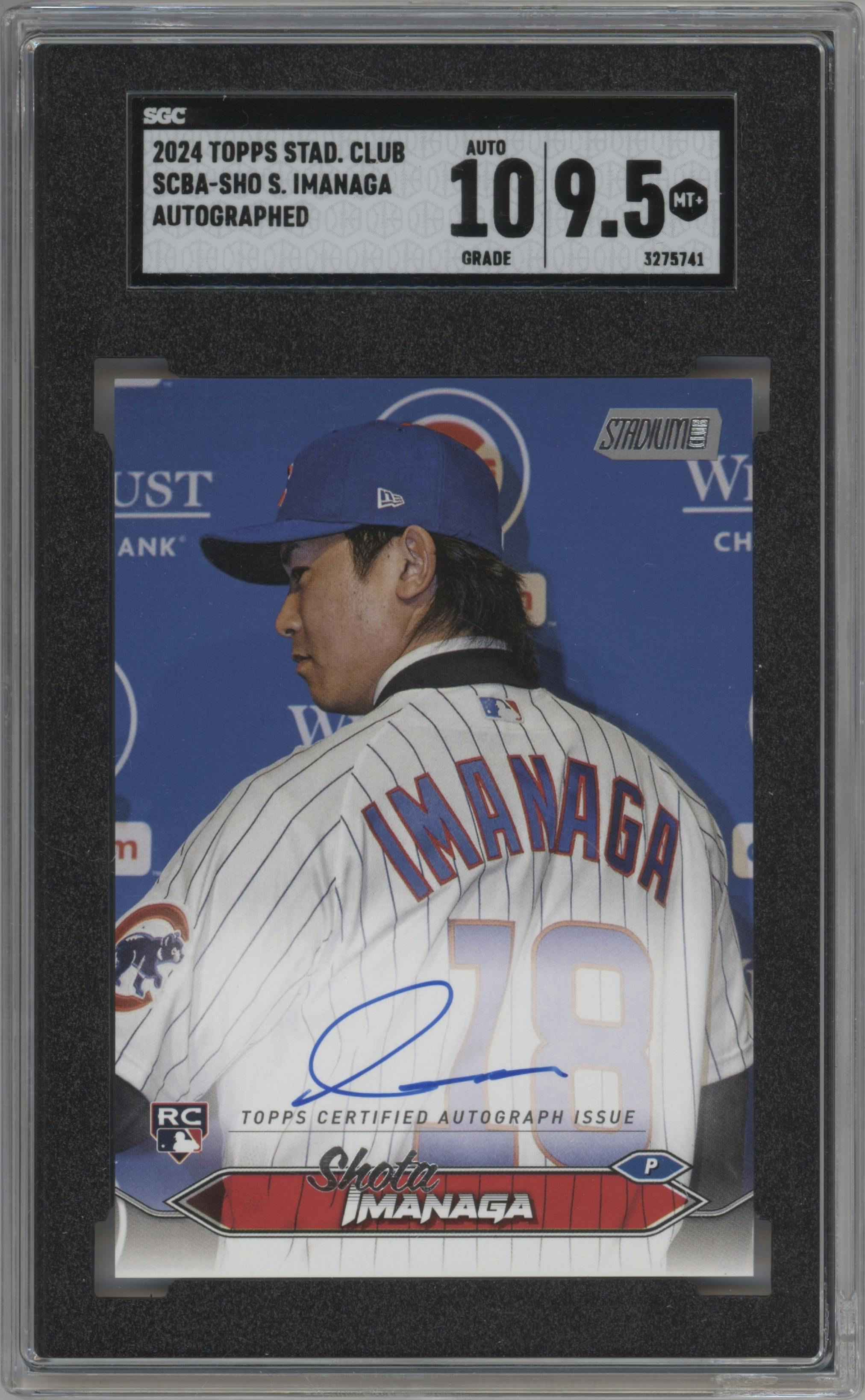 Shota Imanaga from the 2024 Topps Stadium Club set graded by SGC and given an overall grade of 9.5.