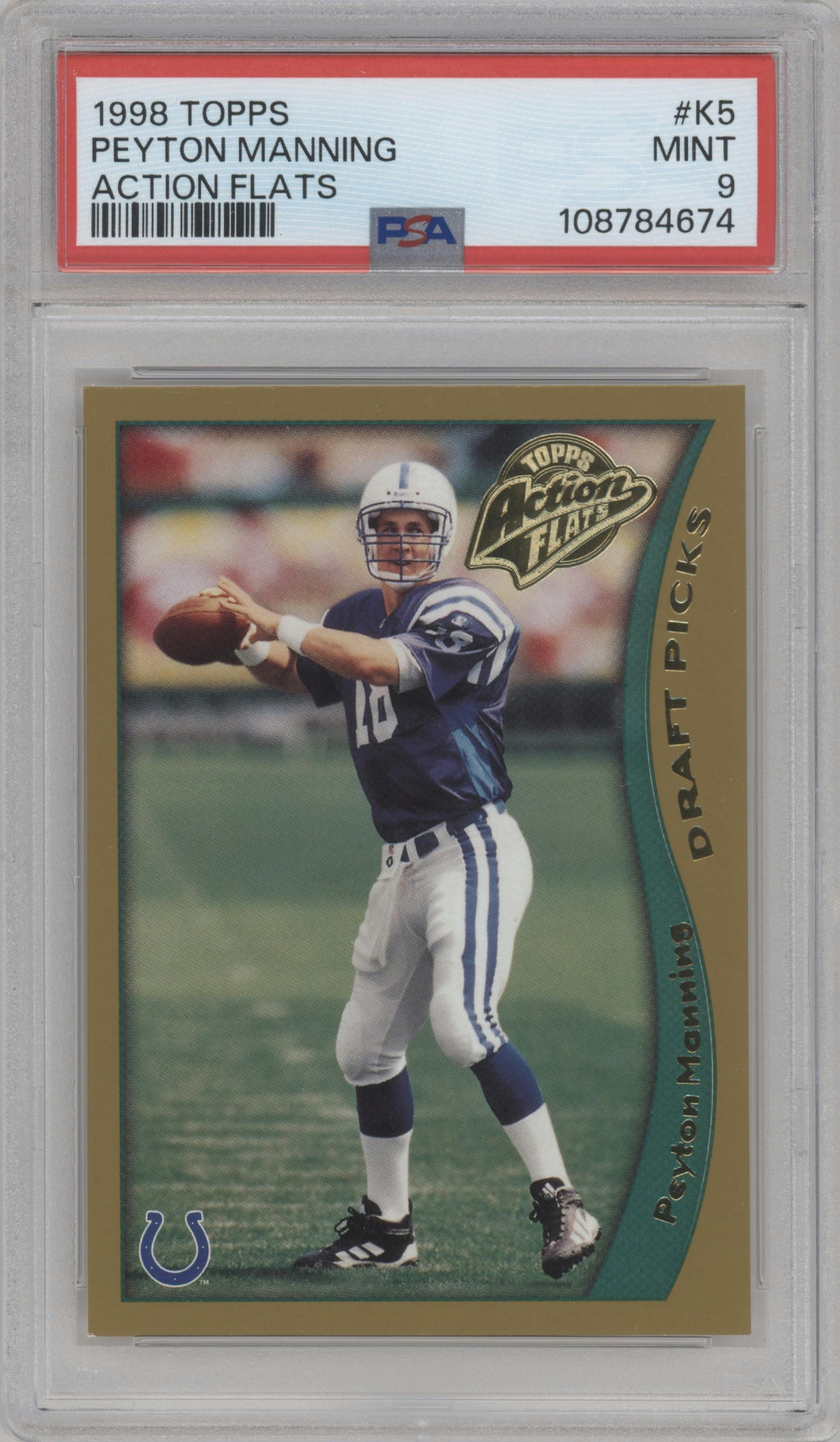 Peyton Manning from the 1998 Topps Action Flats Kickoff Edition set graded by PSA and given an overall grade of 9.