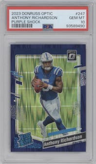 Anthony Richardson from the 2023 Donruss Optic set featuring a  Purple Shock parallel graded by PSA and given an overall grade of 10.