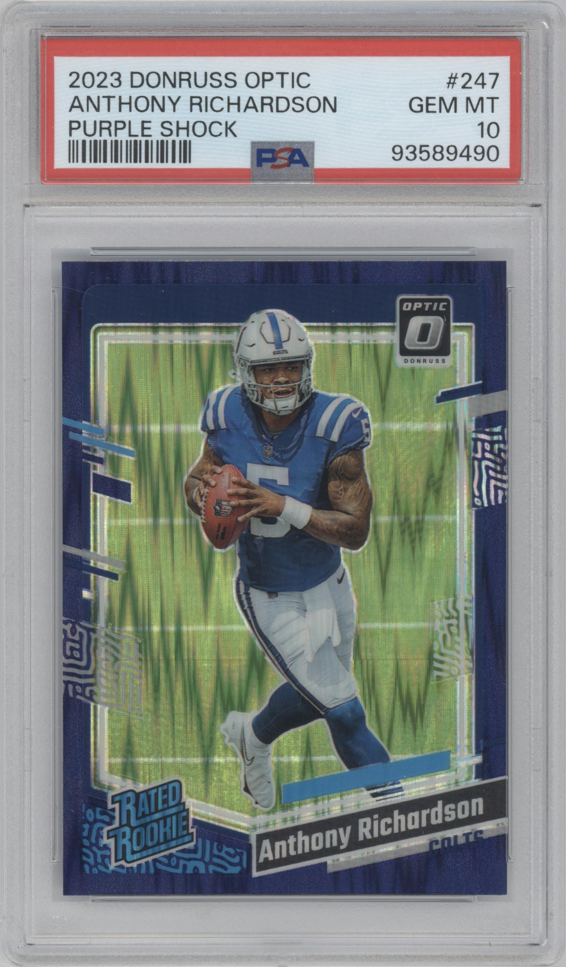Anthony Richardson from the 2023 Donruss Optic set featuring a  Purple Shock parallel graded by PSA and given an overall grade of 10.