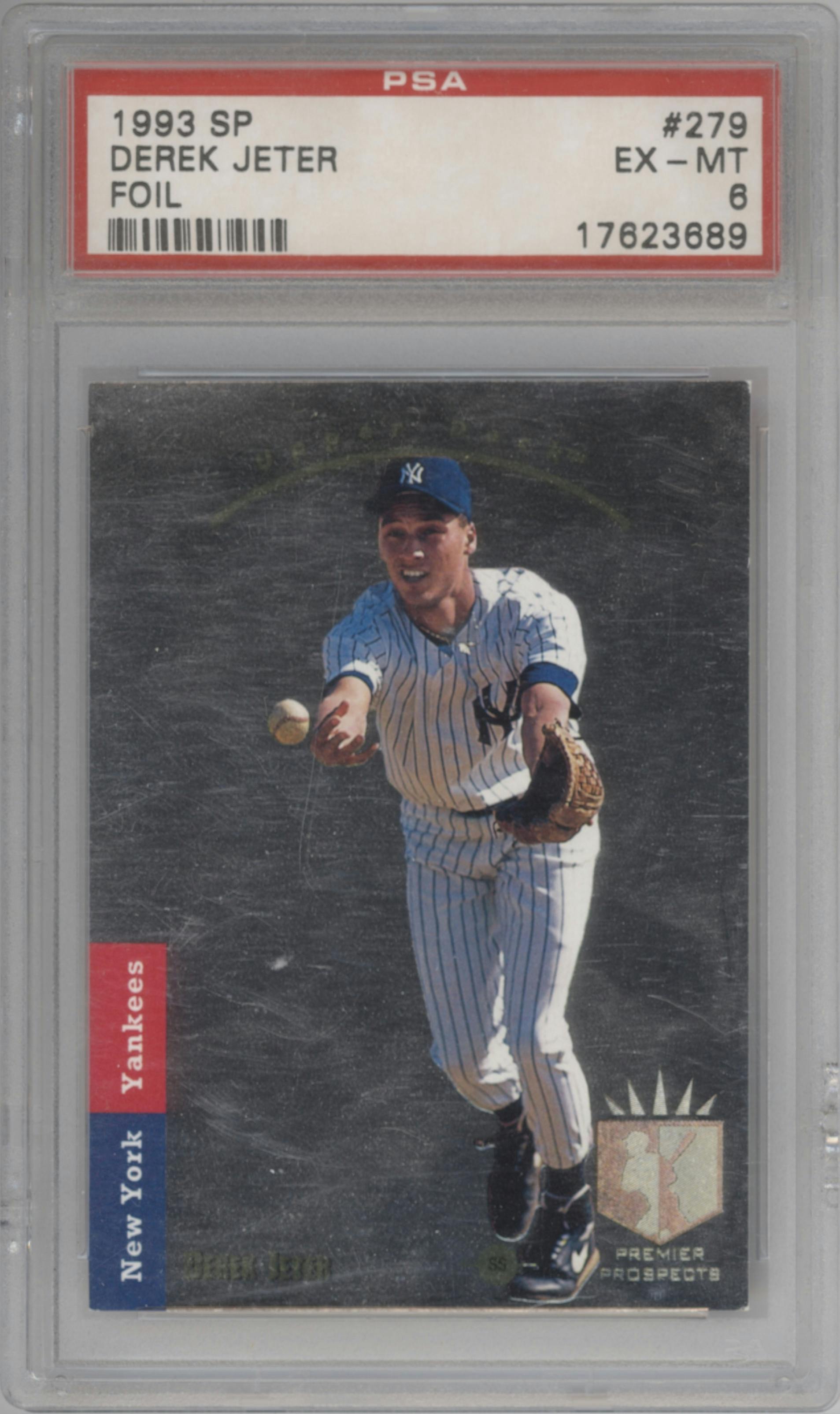 Derek Jeter from the 1993 Upper Deck SP set featuring a Foil parallel graded by PSA and given an overall grade of 6.