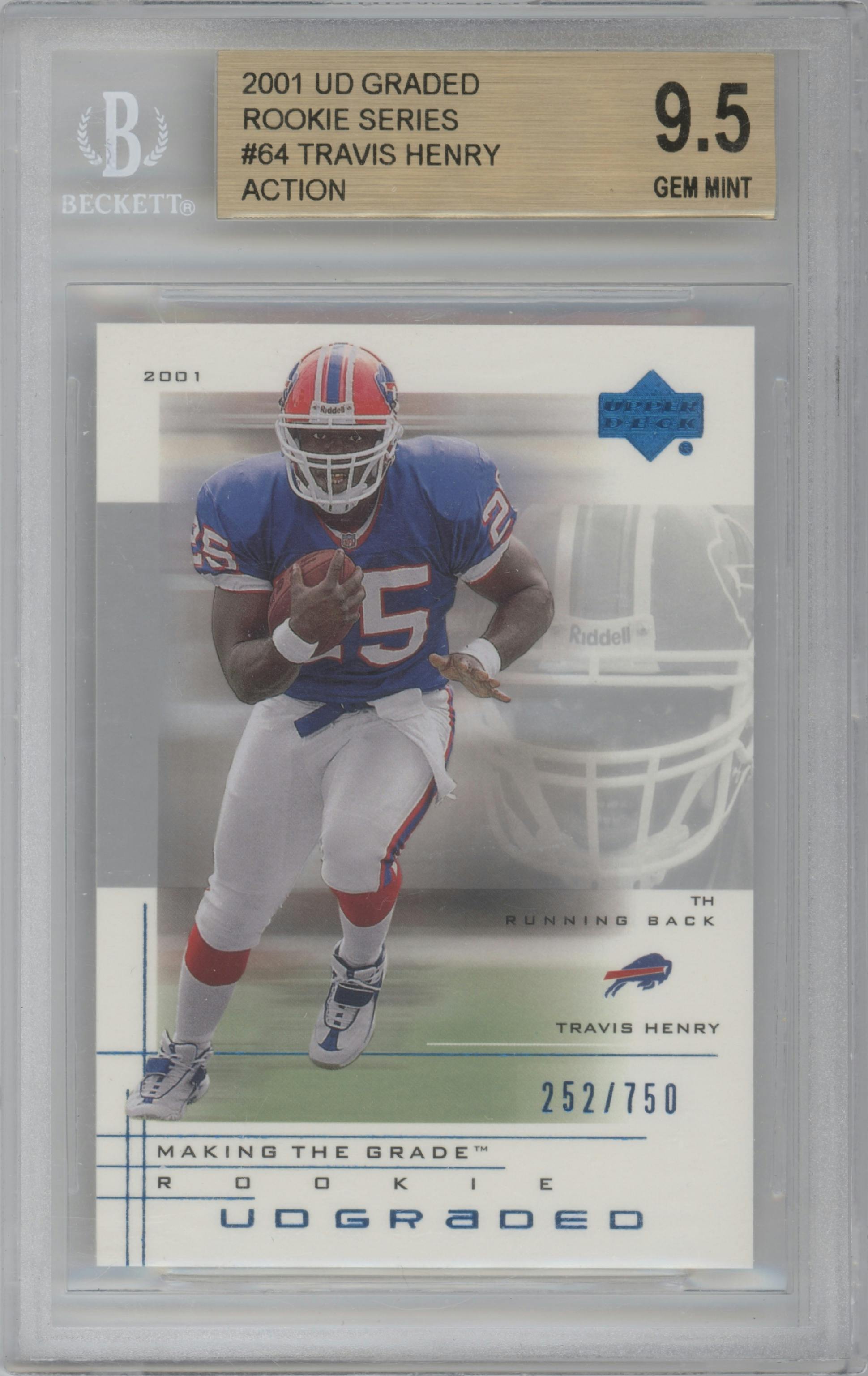Travis Henry from the 2001 Upper Deck Graded set graded by Beckett and given an overall grade of 9.5.