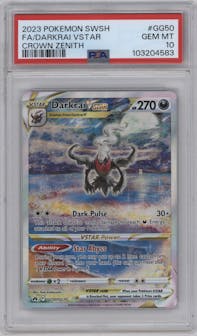 Darkrai VSTAR from the 2023 Pokemon SWSH set graded by PSA and given an overall grade of 10.