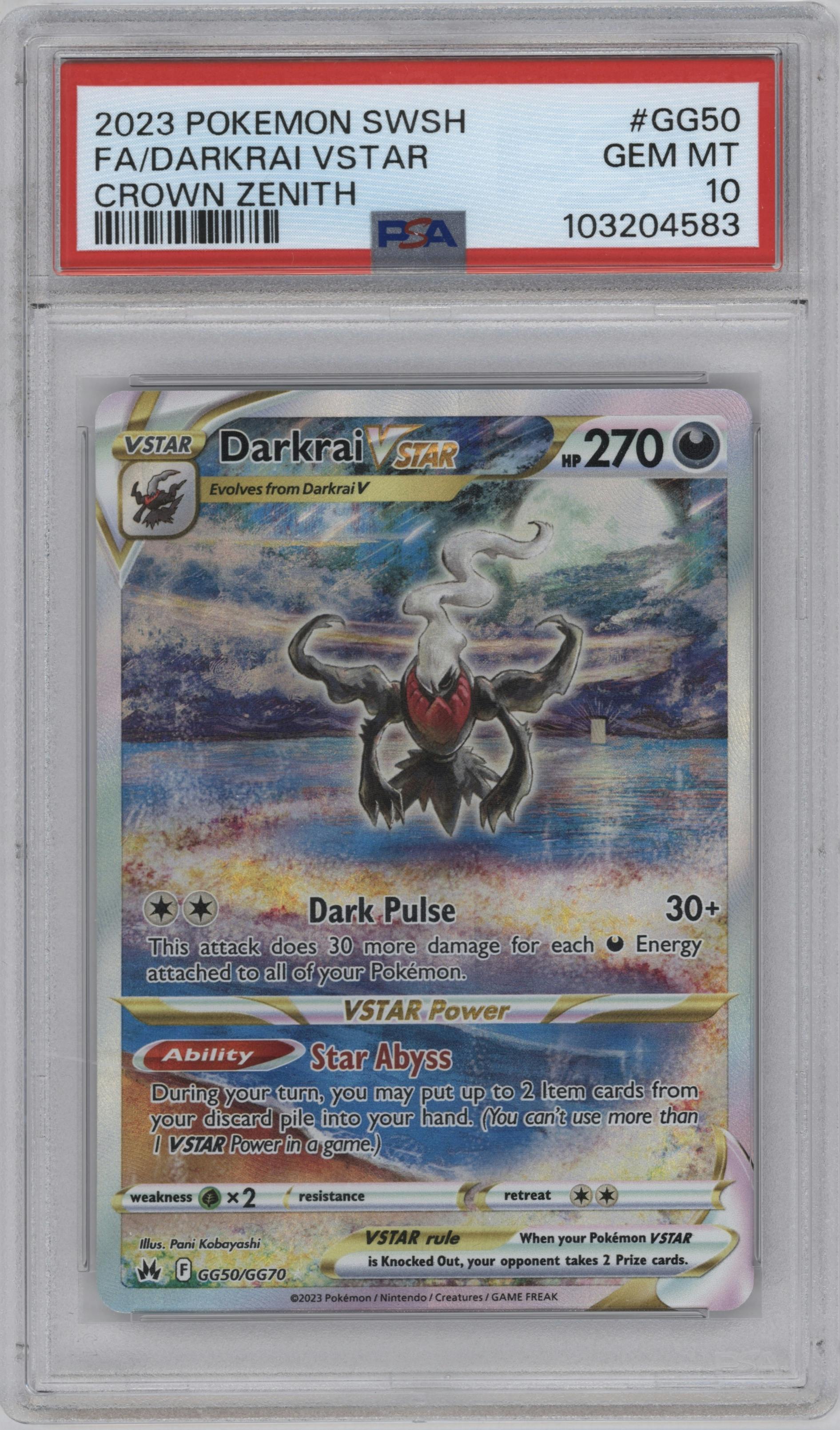 Darkrai VSTAR from the 2023 Pokemon SWSH set graded by PSA and given an overall grade of 10.