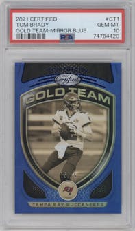 Tom Brady from the 2021 Panini Certified set featuring a Mirror Blue parallel graded by PSA and given an overall grade of 10.
