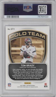 Tom Brady from the 2021 Panini Certified set featuring a Mirror Blue parallel graded by PSA and given an overall grade of 10.