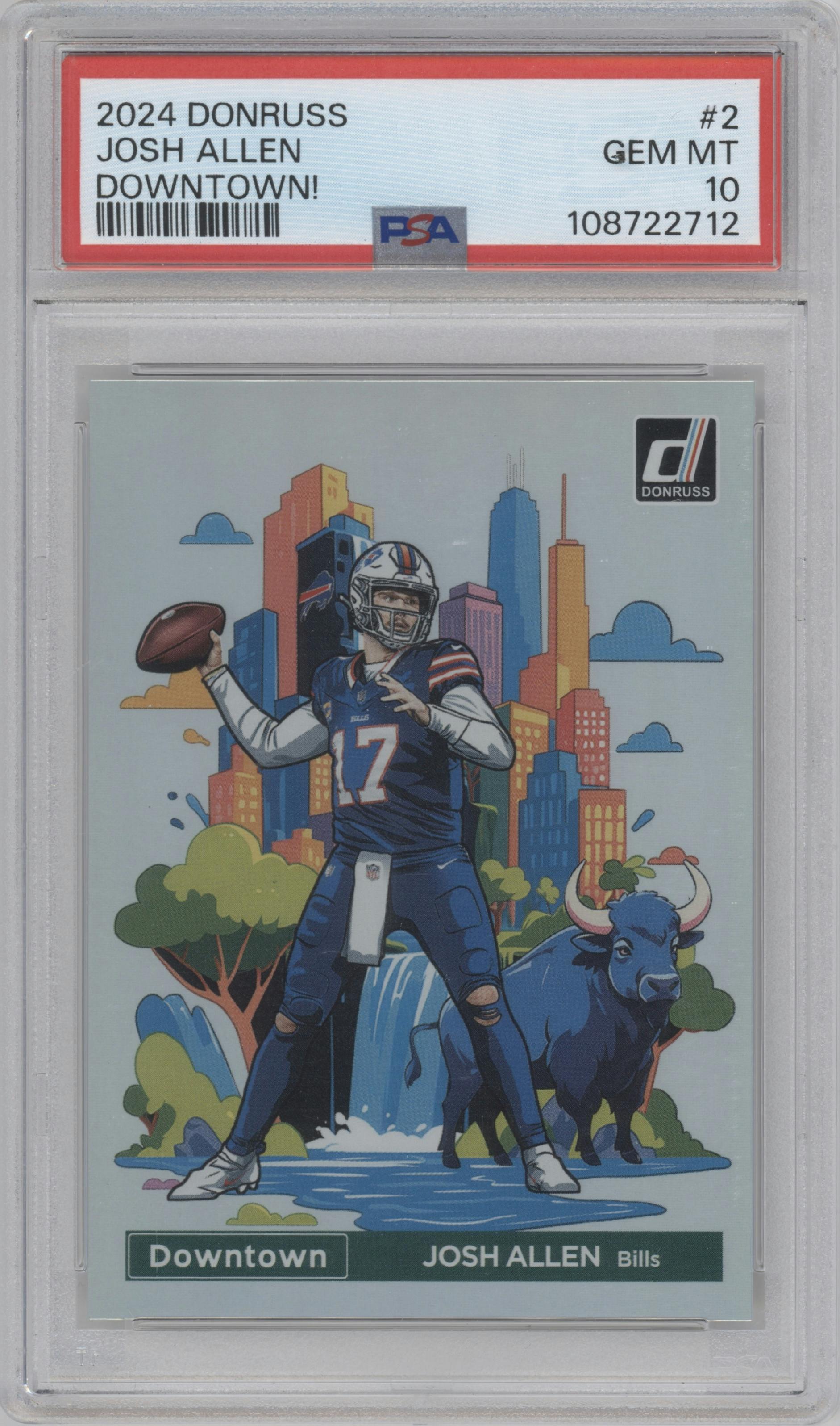 Josh Allen from the 2024 Donruss set graded by PSA and given an overall grade of 10.