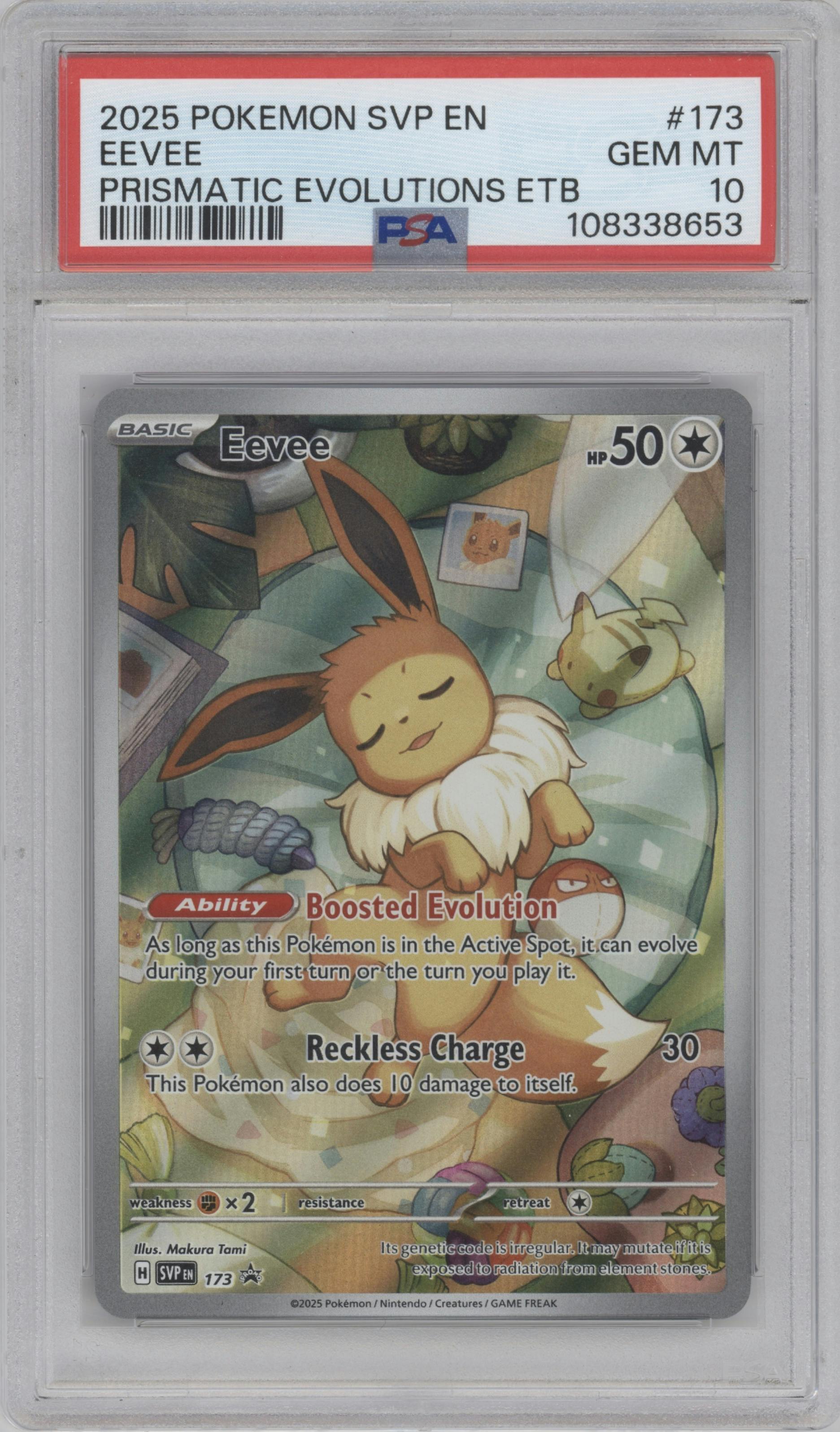 Eevee from the 2025 Pokemon SV set featuring a Prismatic Evolutions Elite Trainer Box parallel graded by PSA and given an overall grade of 10.