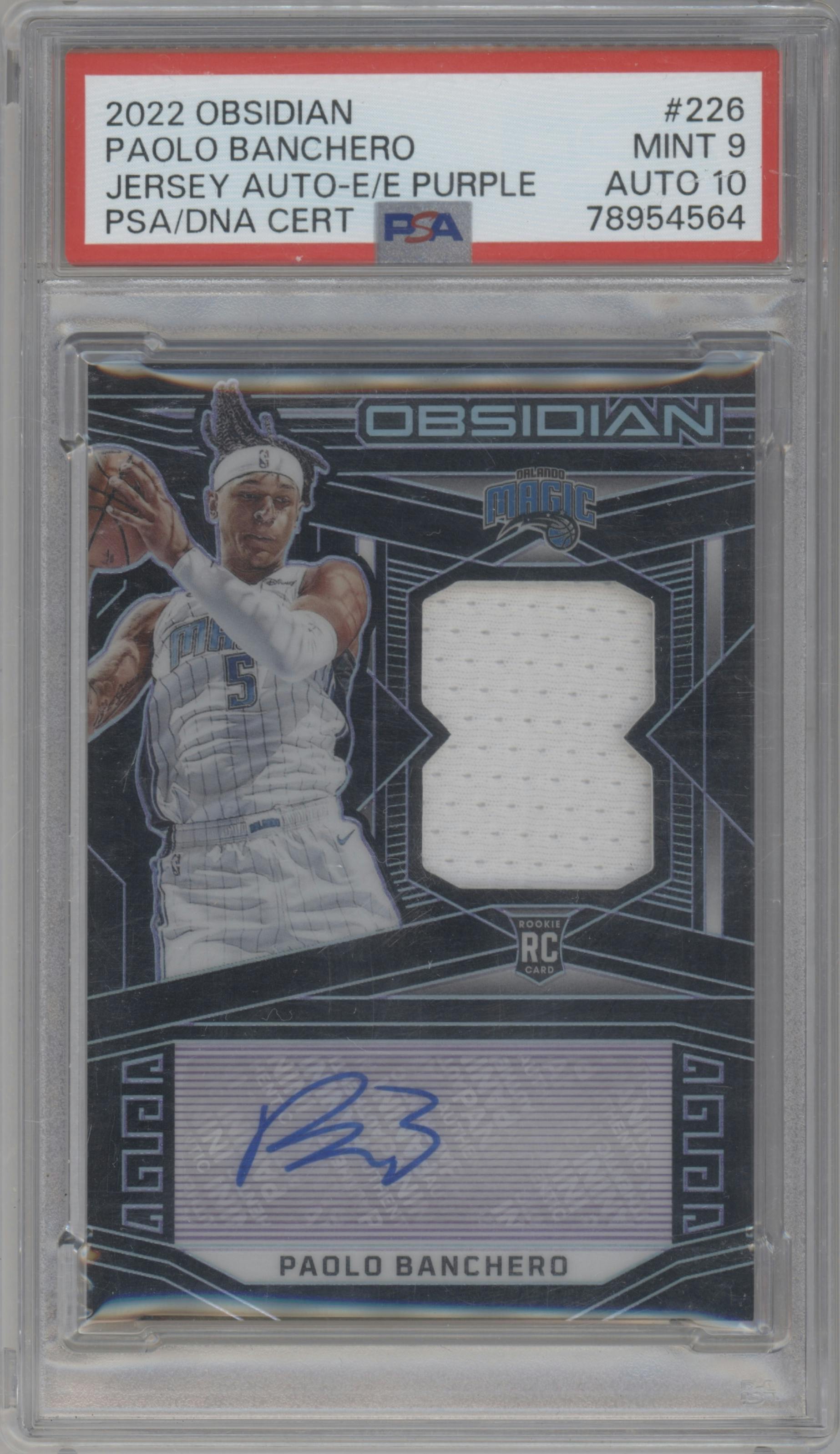 Paolo Banchero from the 2022-23 Panini Obsidian set featuring a Electric Etch Purple parallel graded by PSA and given an overall grade of 9.