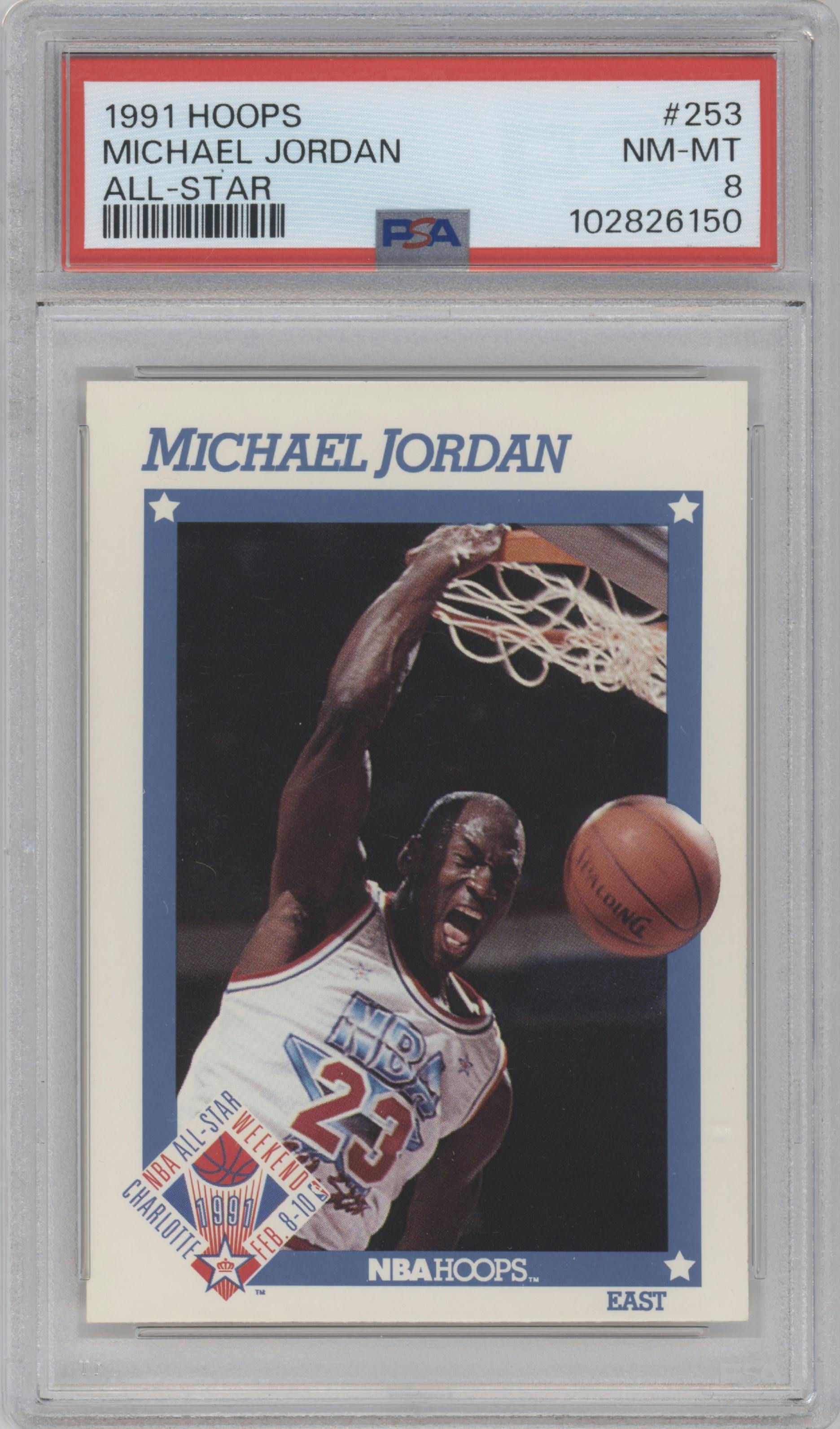 Michael Jordan from the 1991-92 NBA Hoops set graded by PSA and given an overall grade of 8.
