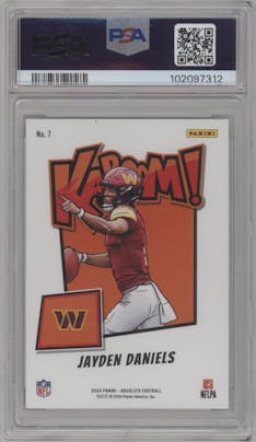 Jayden Daniels from the 2024 Panini Absolute set graded by PSA and given an overall grade of 10.