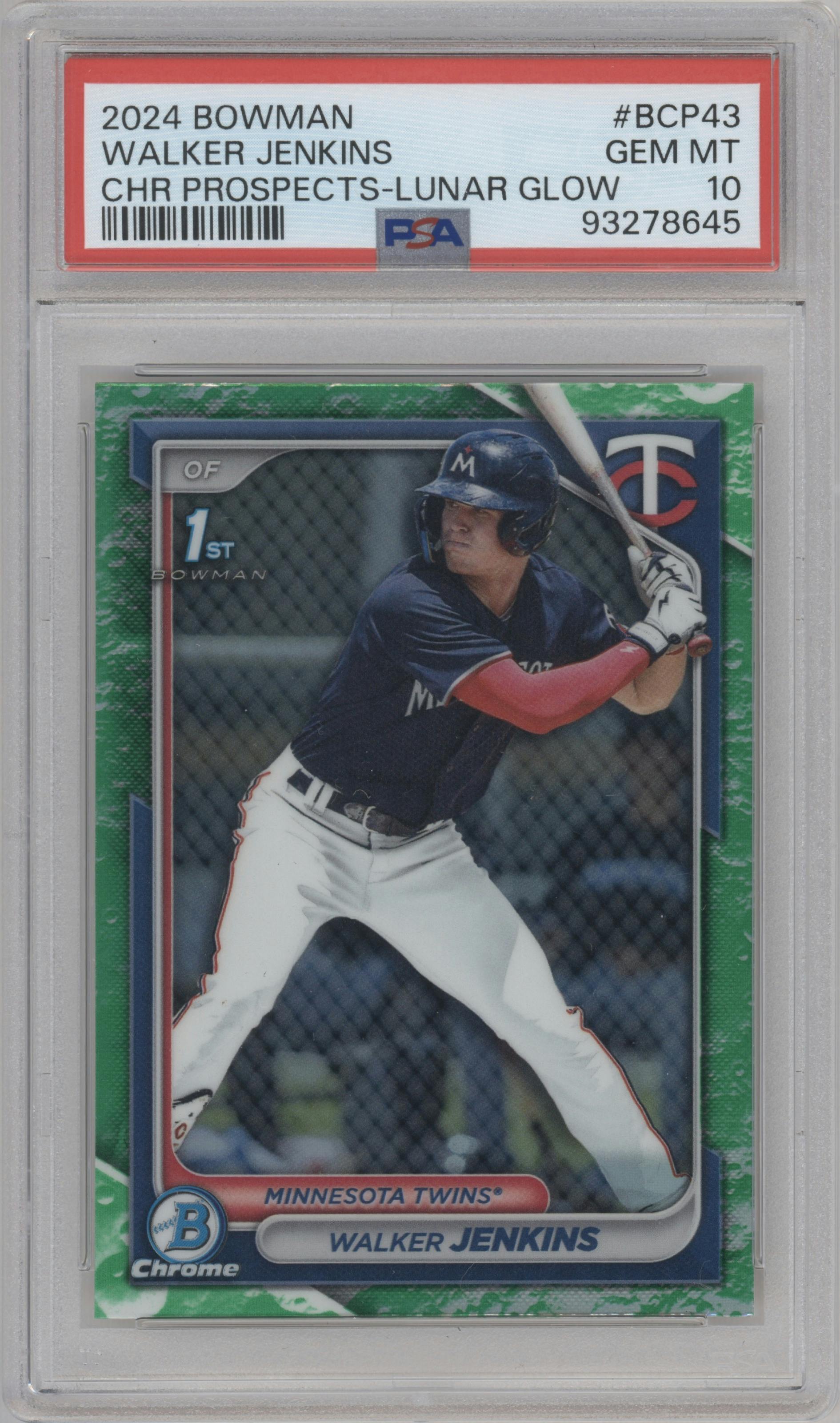 Walker Jenkins from the 2024 Bowman set featuring a Lunar Glow Refractor parallel graded by PSA and given an overall grade of 10.