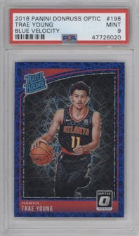 Trae Young from the 2018-19 Panini Donruss Optic set featuring a Blue Velocity parallel graded by PSA and given an overall grade of 9.