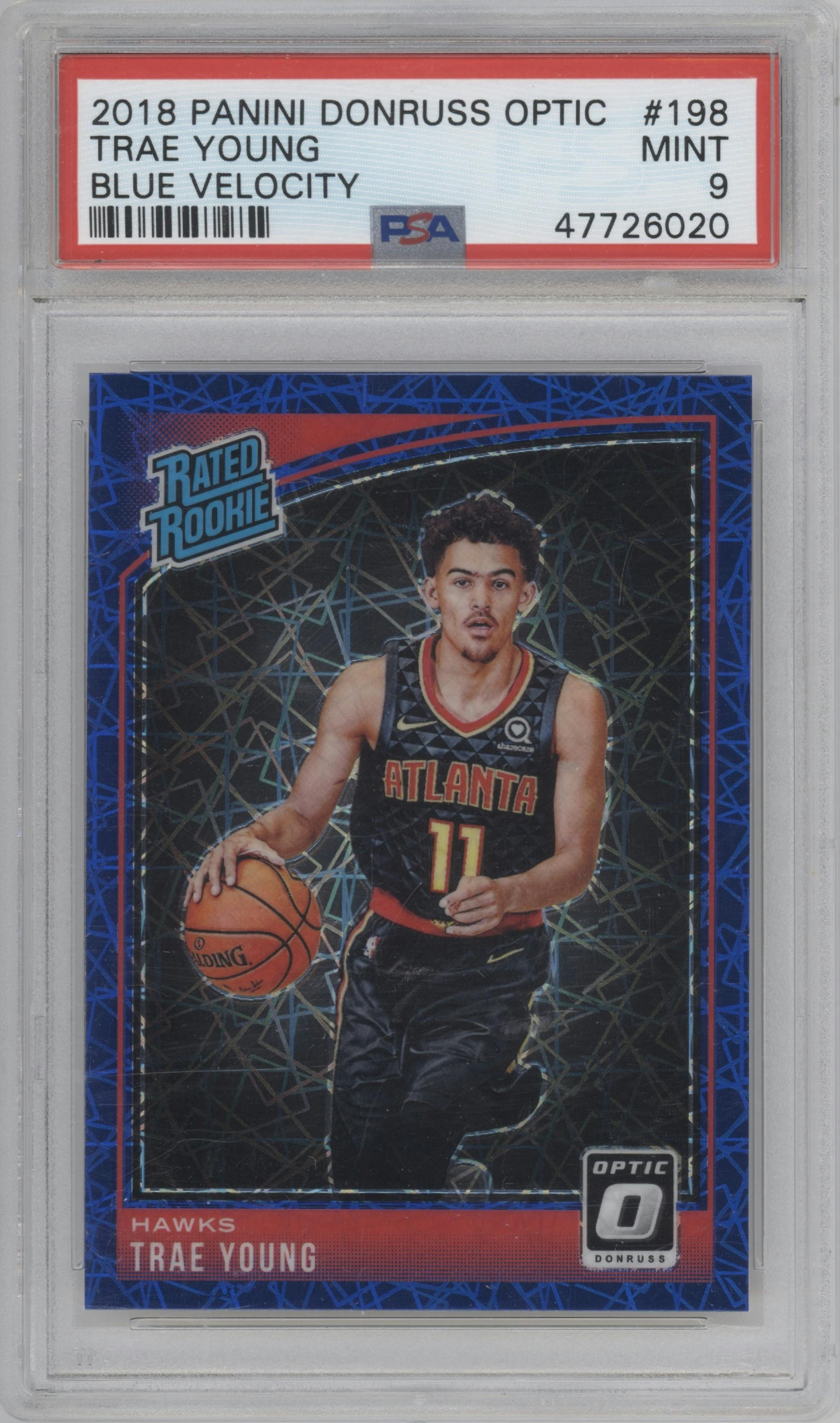 Trae Young from the 2018-19 Panini Donruss Optic set featuring a Blue Velocity parallel graded by PSA and given an overall grade of 9.