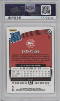 Trae Young from the 2018-19 Panini Donruss Optic set featuring a Blue Velocity parallel graded by PSA and given an overall grade of 9.