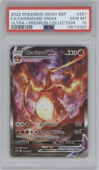 Charizard VMAX  from the 2022 Pokemon SWSH set featuring a Ultra Premium Collection parallel graded by PSA and given an overall grade of 10.