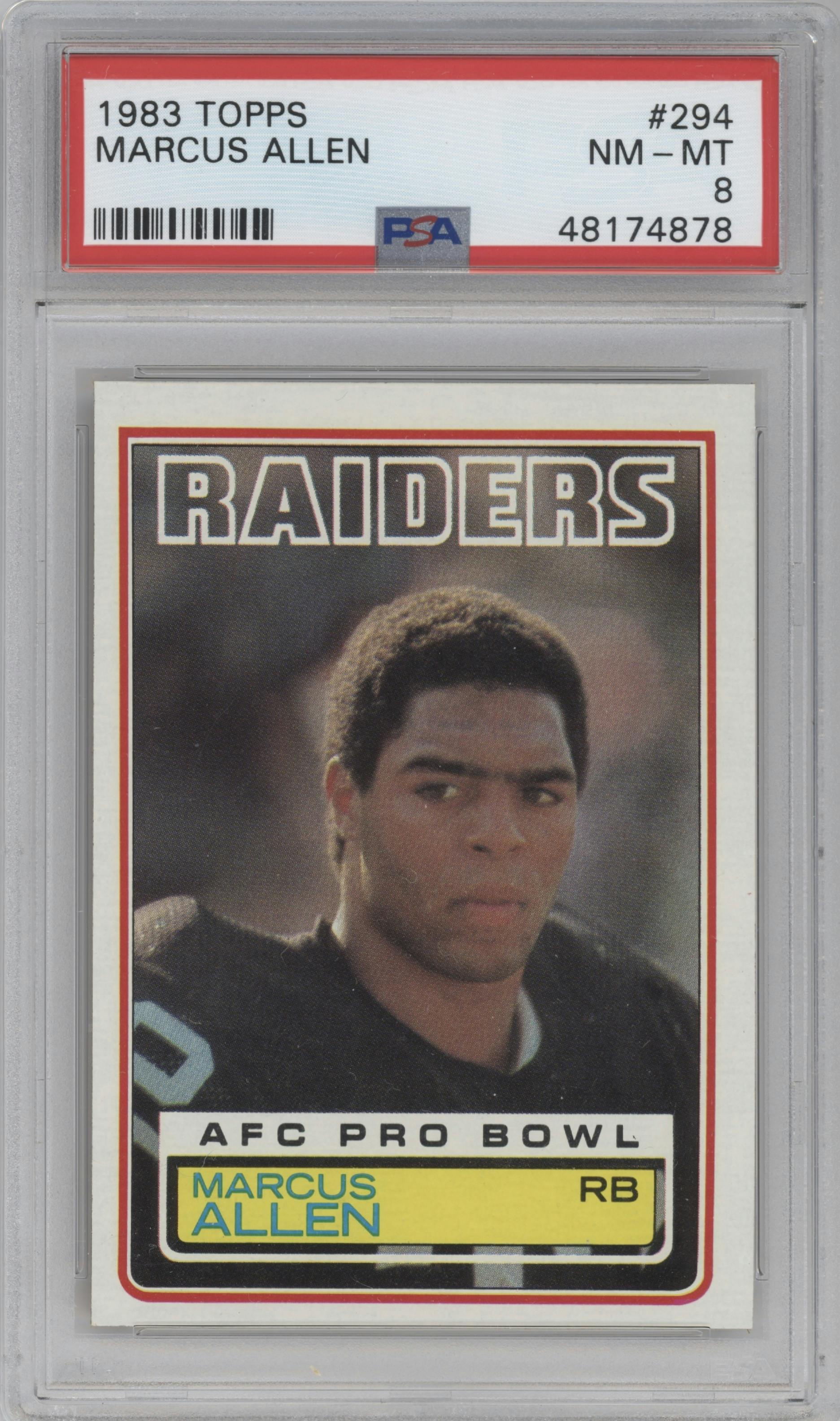 Marcus Allen from the 1983 Topps set graded by PSA and given an overall grade of 8.