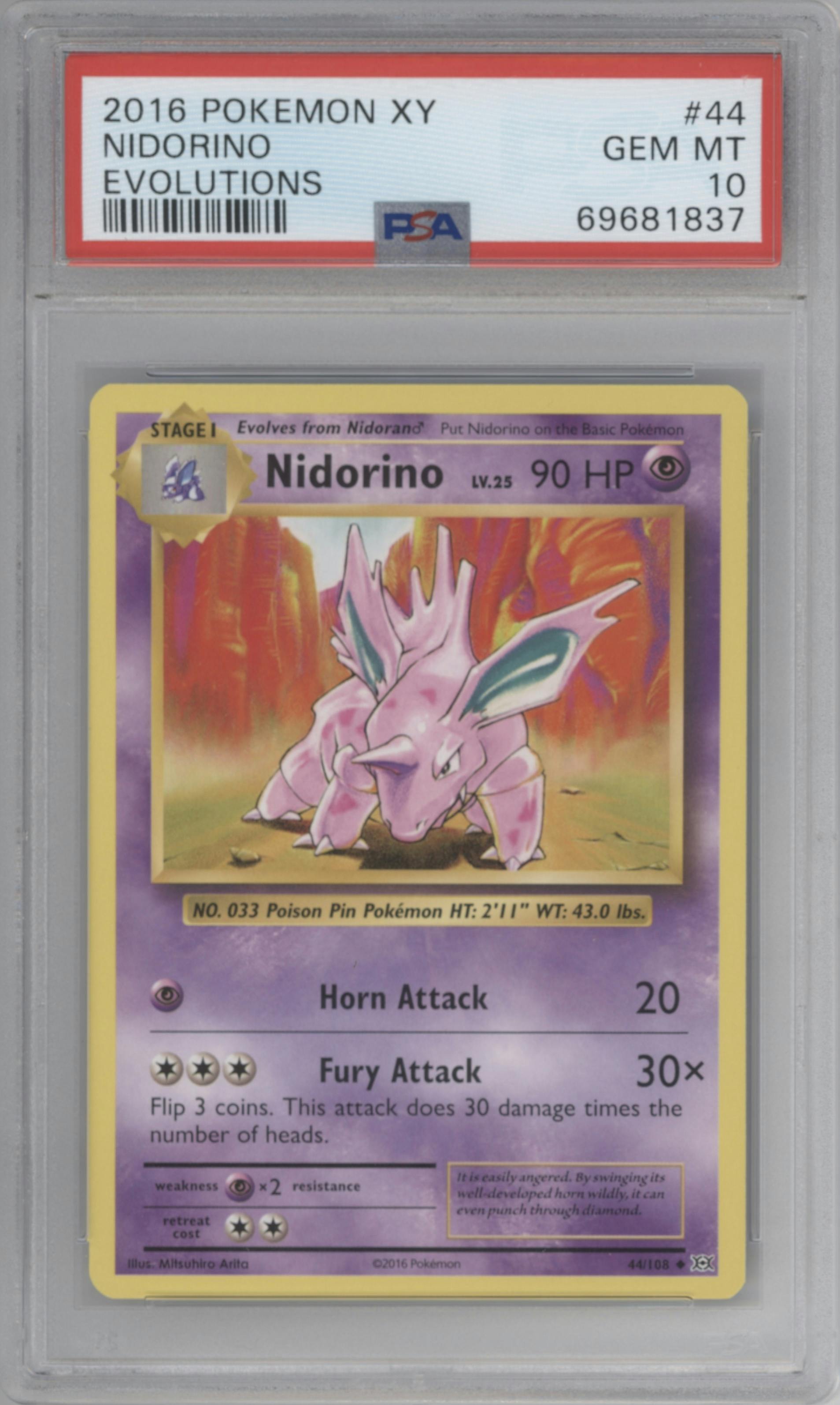 Nidorino from the 2016 Pokemon XY set graded by PSA and given an overall grade of 10.
