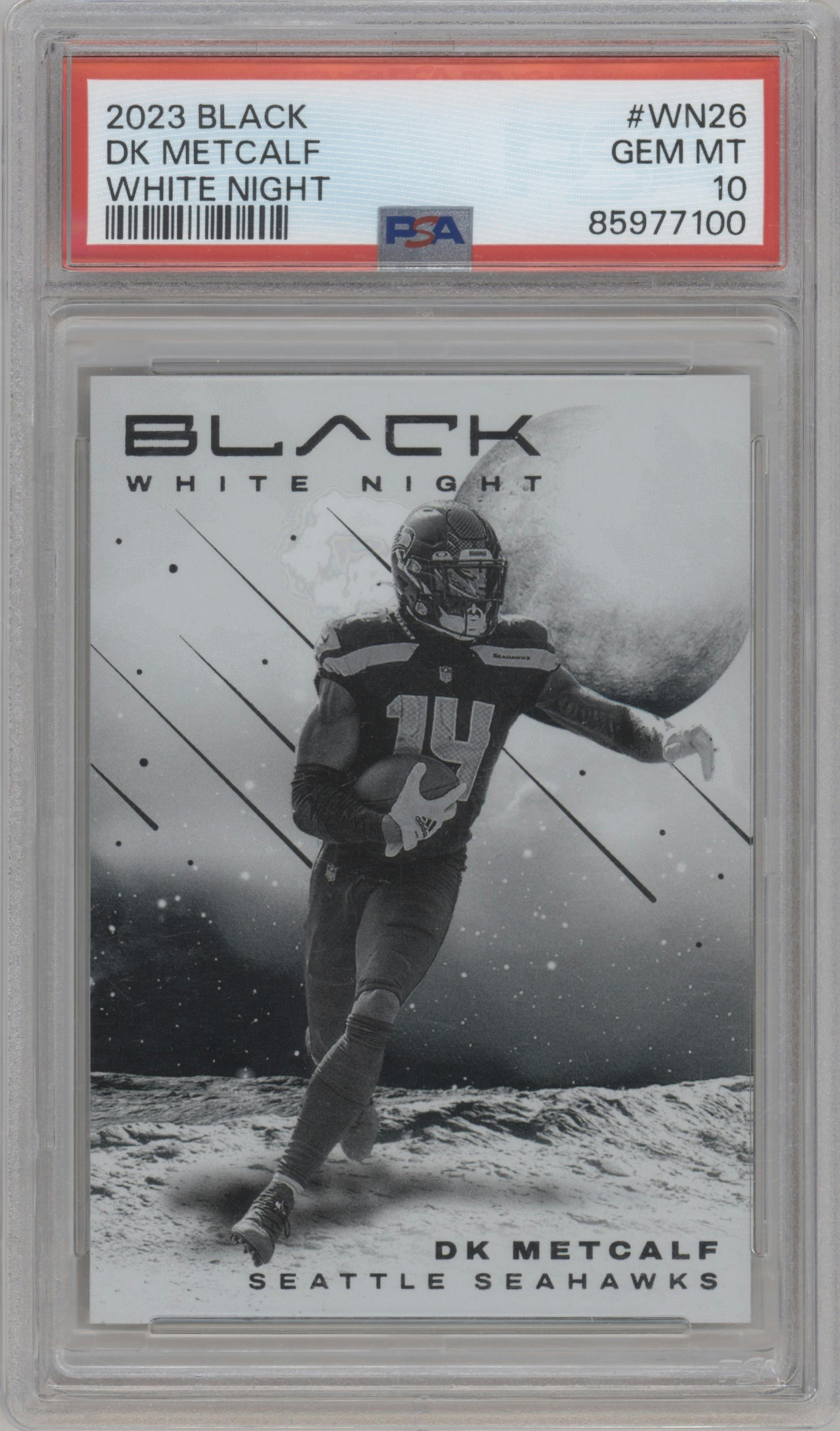 DK Metcalf from the 2023 Panini Black set graded by PSA and given an overall grade of 10.